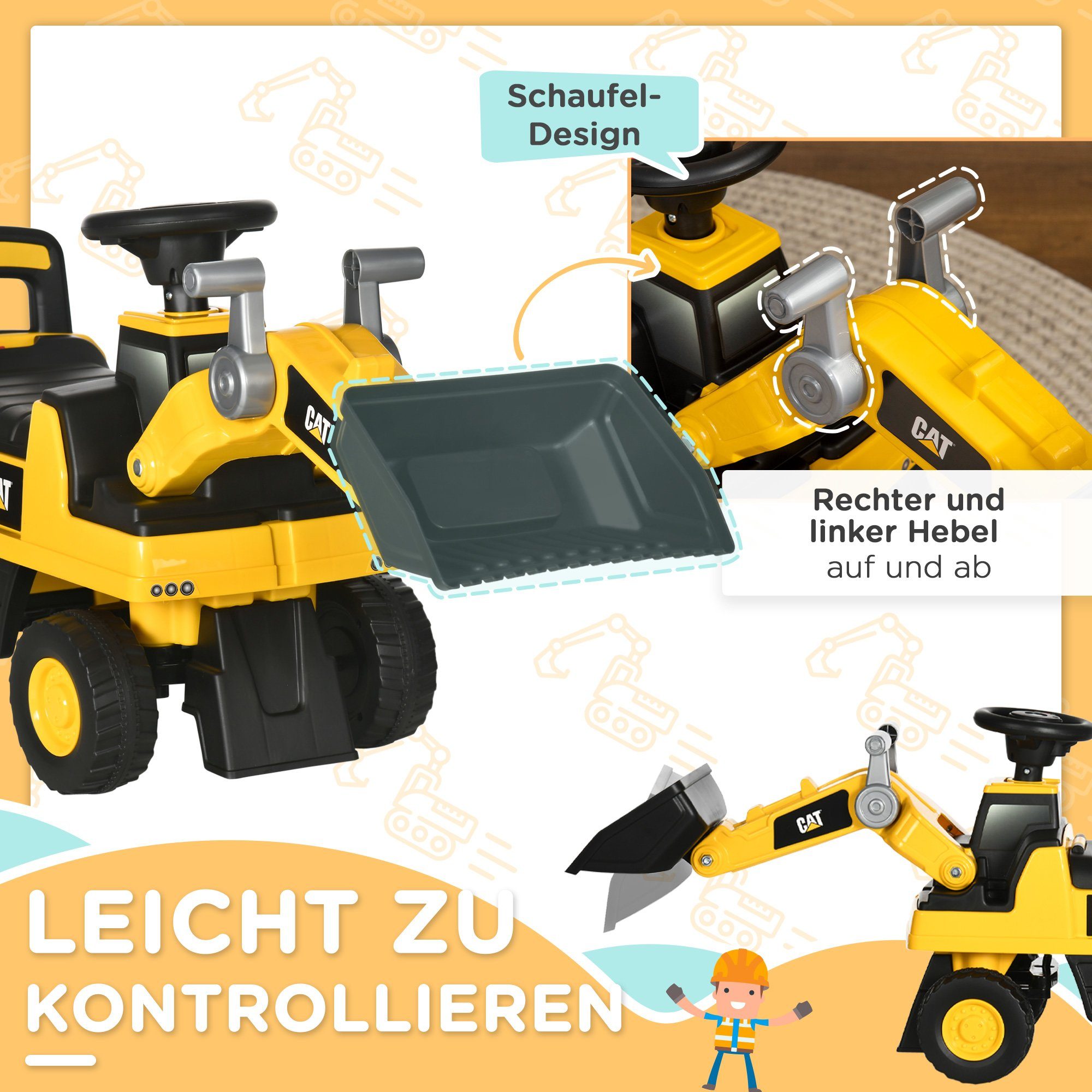 HOMCOM Rutscher Kinderbagger mit beweglicher Schaufel, (Rutscherfahrzeug, 1-tlg., Rutschauto für Kinder), Gelb+Schwarz 78 x 29,5 x 54 cm – Bild 5 von 5