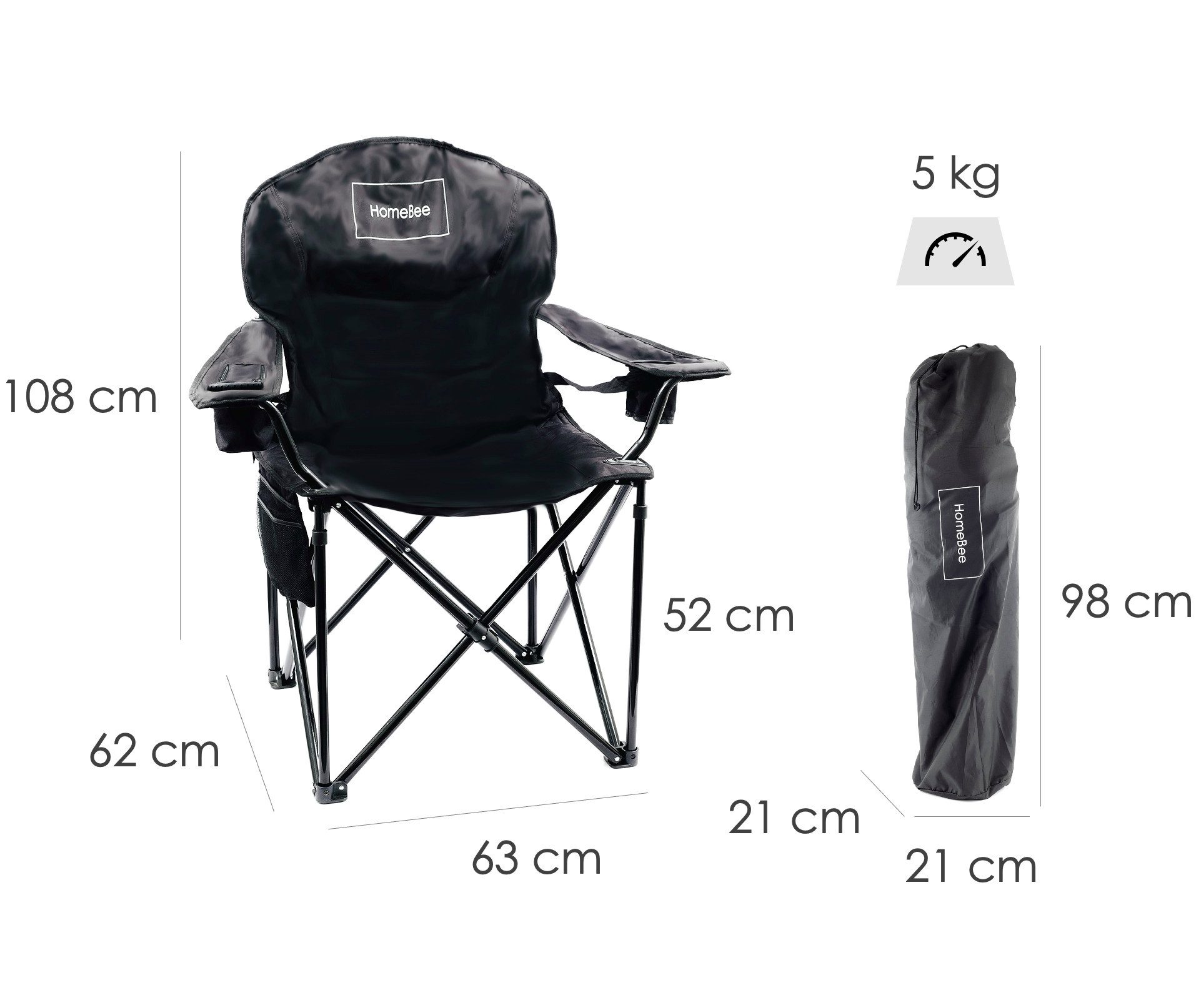 HomeBee 4-Fußstuhl Campingstuhl Klappstuhl Anglerstuhl faltbar (Campingstuhl faltbar mit verstellbarer Rückenlehne, 1 St), mit Kühltasche und Getränkehalter bis 120 kg belastbar