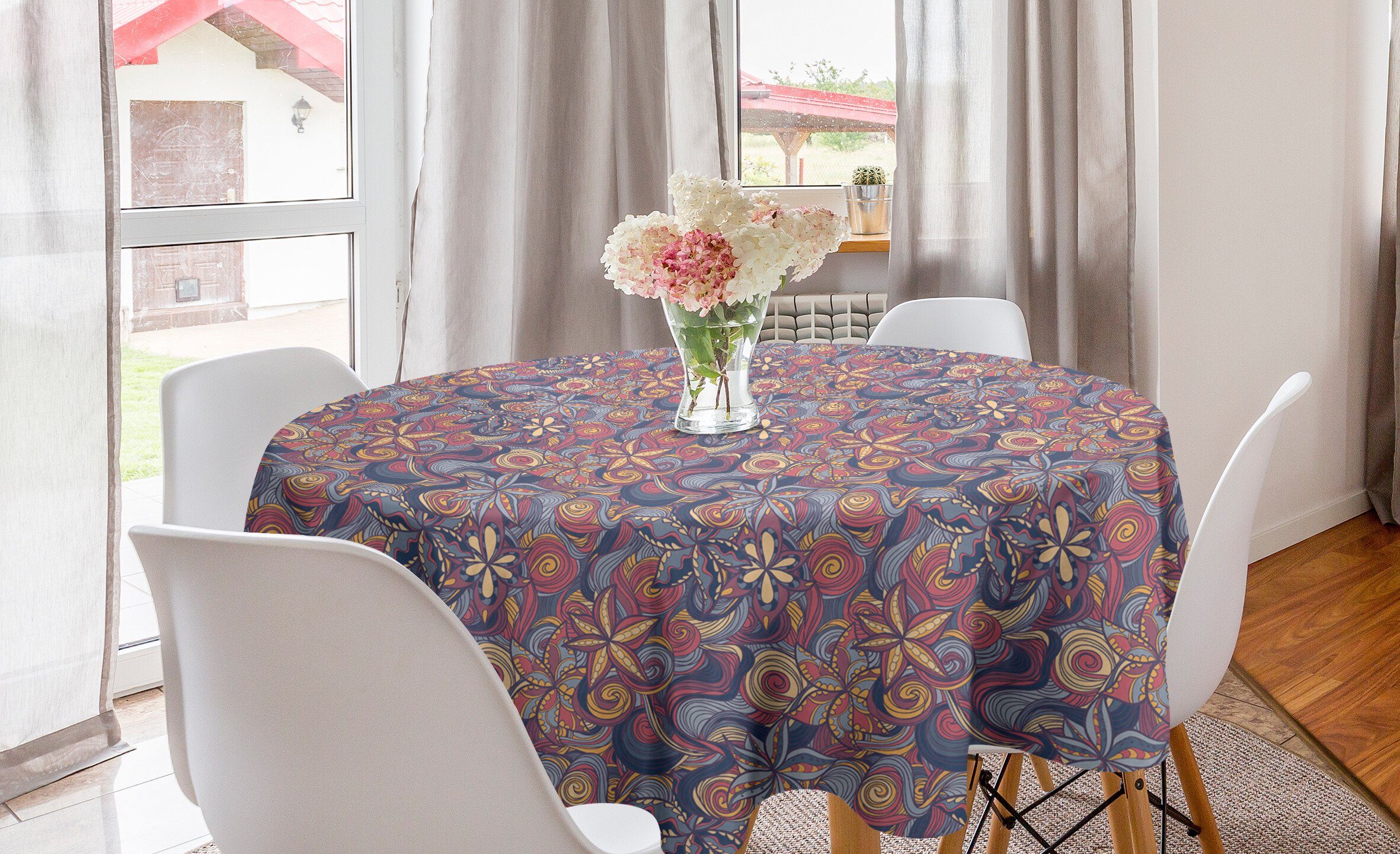 Abakuhaus Tischdecke Kreis Tischdecke Abdeckung für Esszimmer Küche Dekoration, Blumen Bunte Blüten Curls