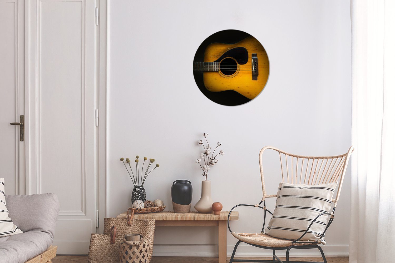 Rundes Gemälde MuchoWow Wandbild, (1 akustische Wohnzimmer, 30x30 St), Alte dunklem cm Wanddekoration auf Hintergrund, Forex, Kreis Gitarre
