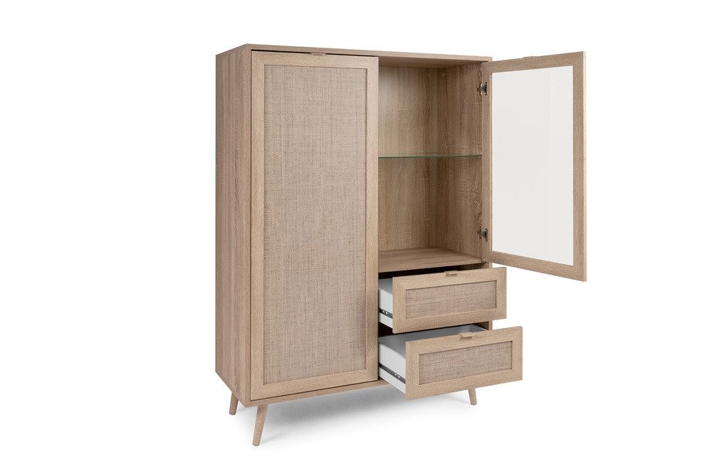 Finori Vitrine Highboard Bali, Sonoma Eiche / Rattan Optik Aufdruck