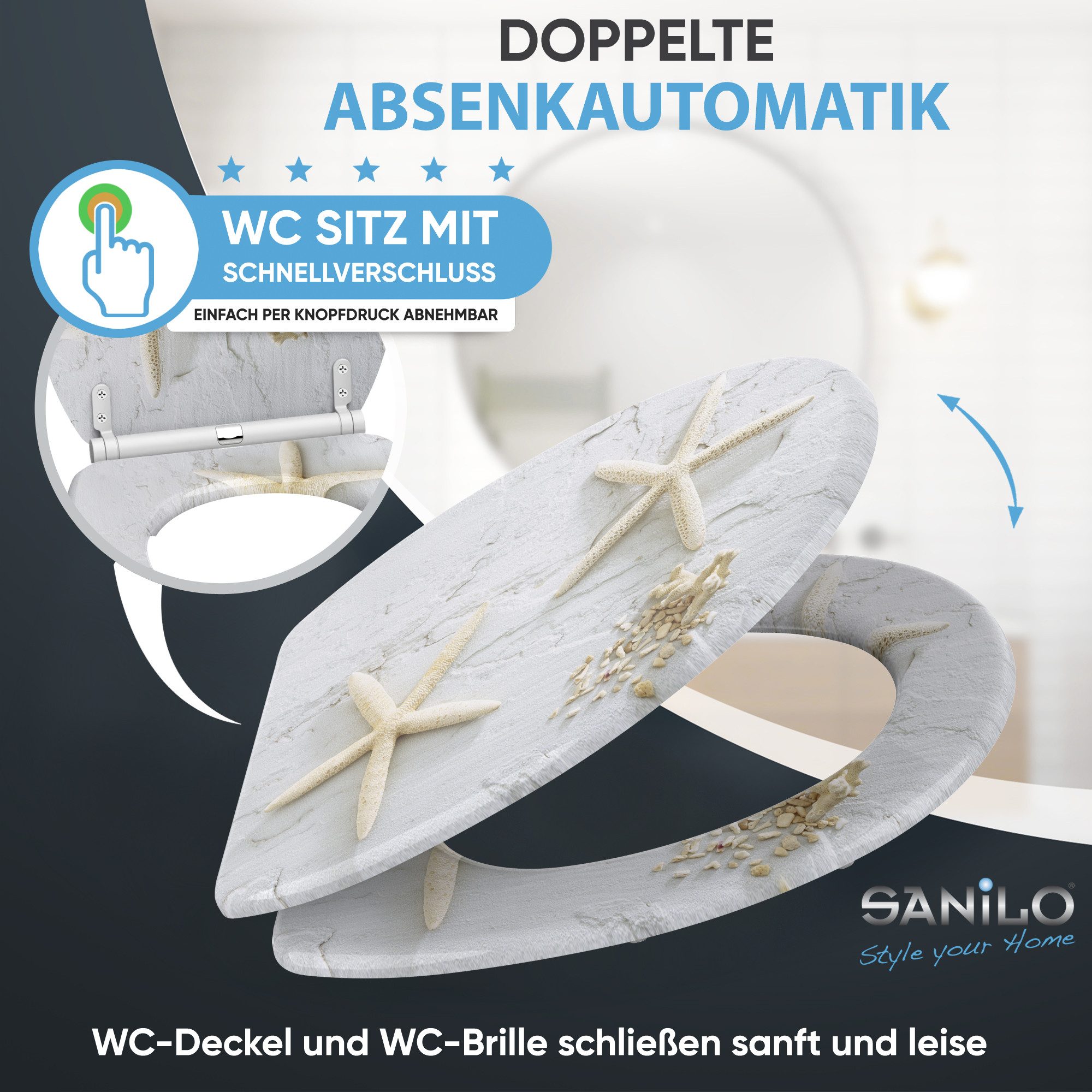 Sanilo WC-Sitz Seestern mit Absenkautomatik & Quick Release, Premium Toilettendeckel, abnehmbar, leichte Montage von oben
