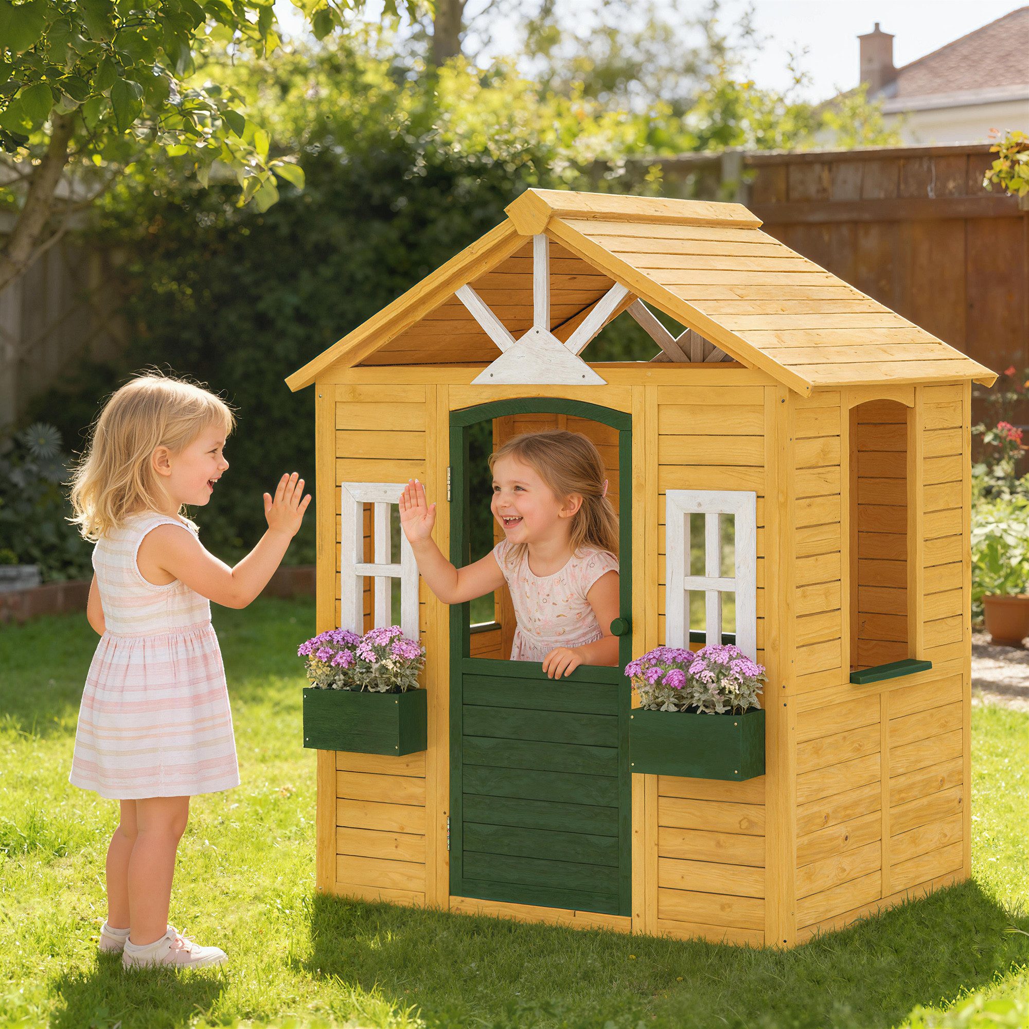 AIYAPLAY Spielhaus Kinderspielhaus Gartenhaus aus Holz mit Tür 3 Fenster 2 Blumenkästen, für Kinder von 3-8 Jahren 134,5 x 97 x 150 cm Braun