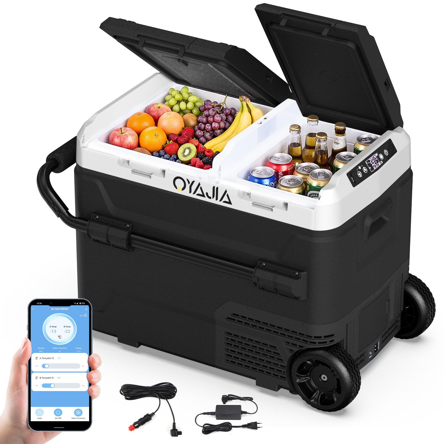 oyajia Elektrische Kühlbox Kompressor Kühlbox mit APP-Steuerung USB-Anschluss,Doppeltür Dualzonen, 55 l, Auto Kühlbox mit Rollen & Griff 12V/24V 100-240V Camping Kühlschrank