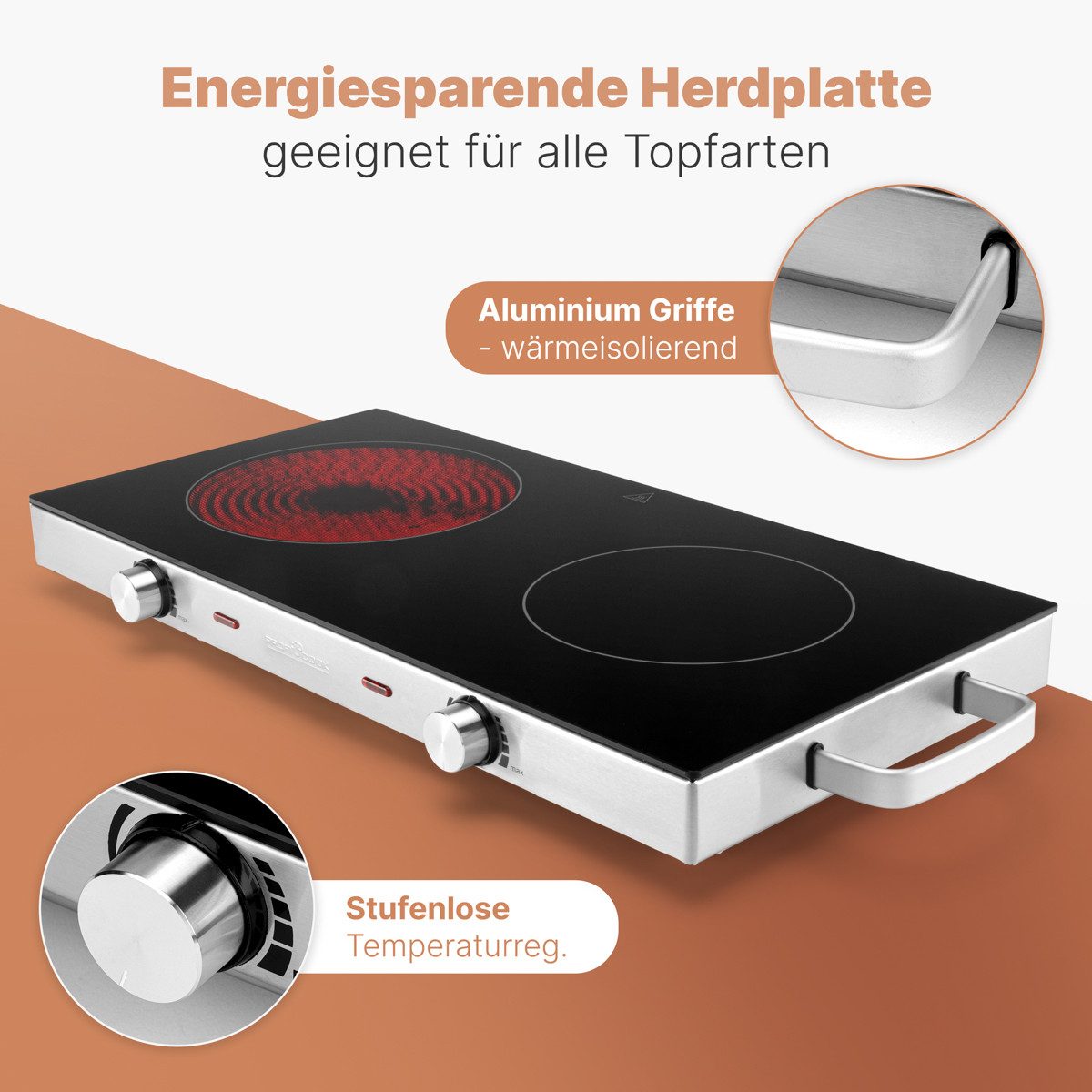 ProfiCook Doppelkochplatte PC-DKP 1211, Kratzfeste Glaskeramik, 2800 W, Energiesparend