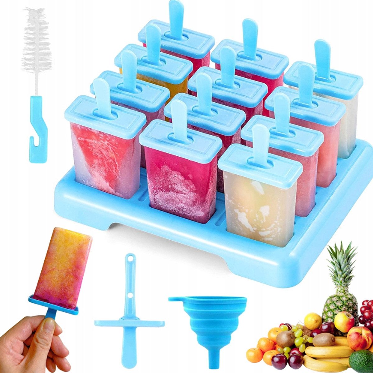 DOPWii Eisform 12 Stück wiederverwendbare Формы для льда – BPA-frei, (1-tlg), mit Reinigungsbürste & Silikontrichter, DIY Eis am Stiel (Blau)
