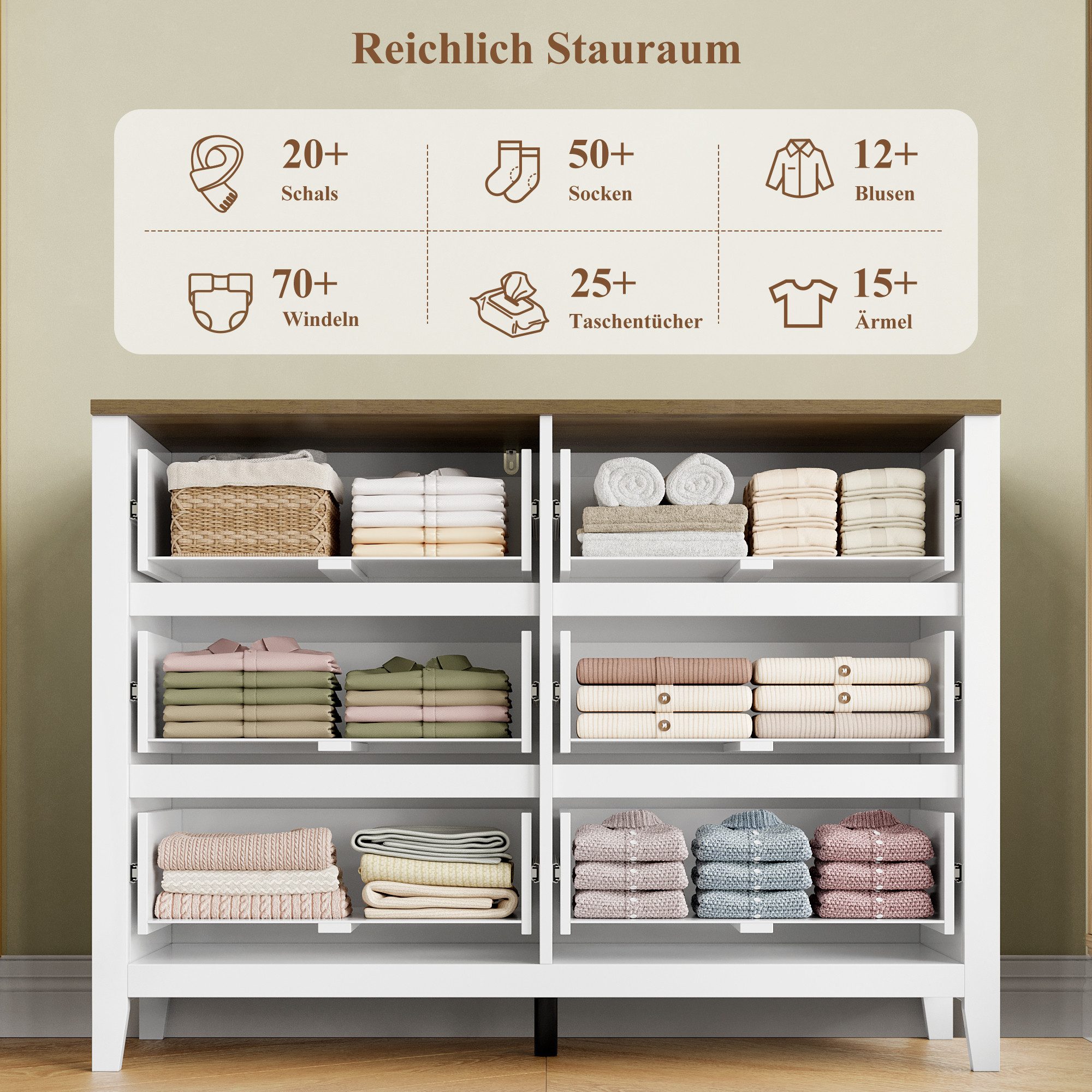 HOMECHO Kommode, Weiß mit 6 Schubladen für Schlafzimmer, Holz, 100x40x81cm