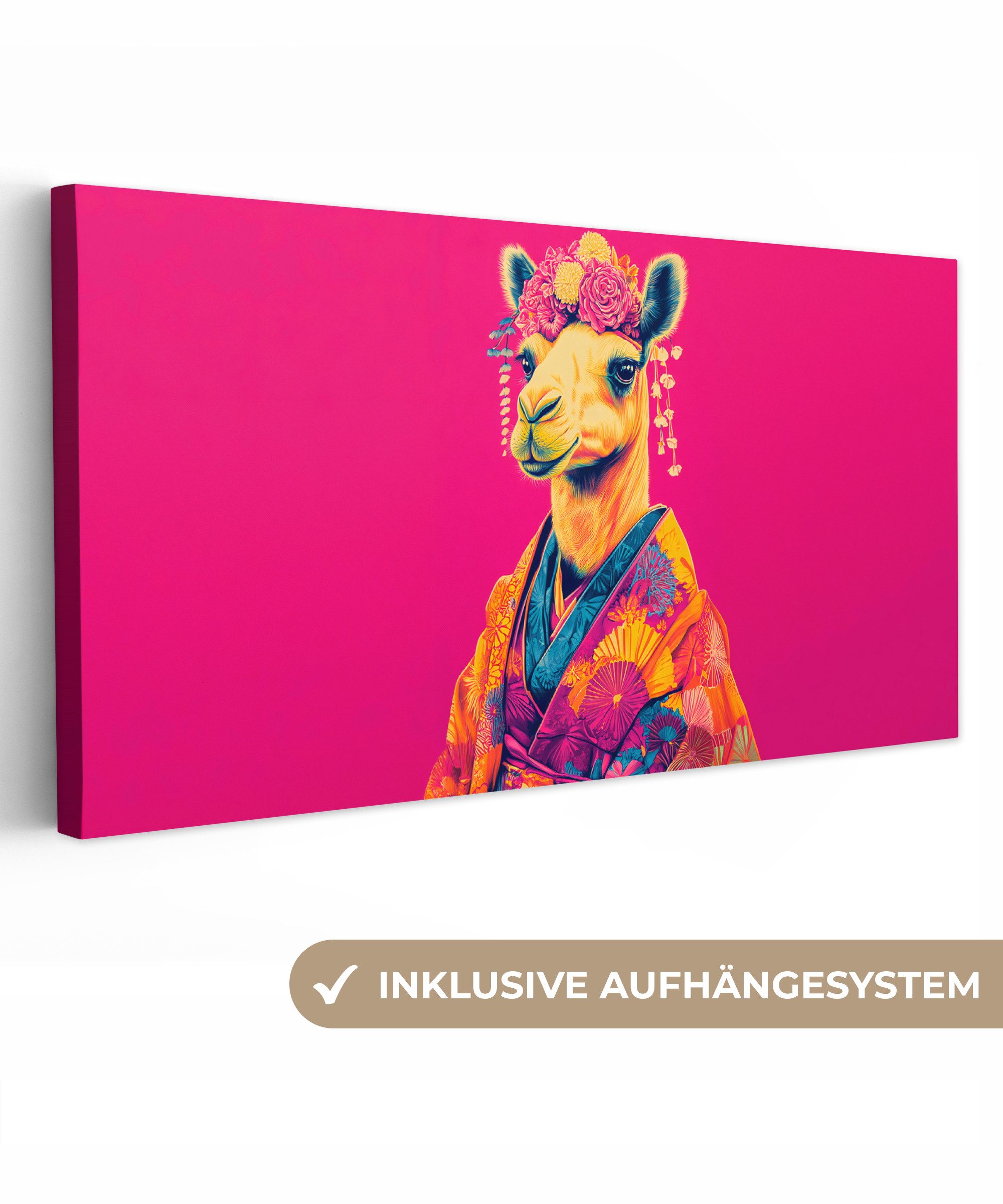 OneMillionCanvasses® Leinwandbild Panorama Kamel - Blumen - Kimono - Fächer, Fotodruck (1 St), Wandbild, Deko Schlafzimmer Wohnzimmer Flur 40x20 cm