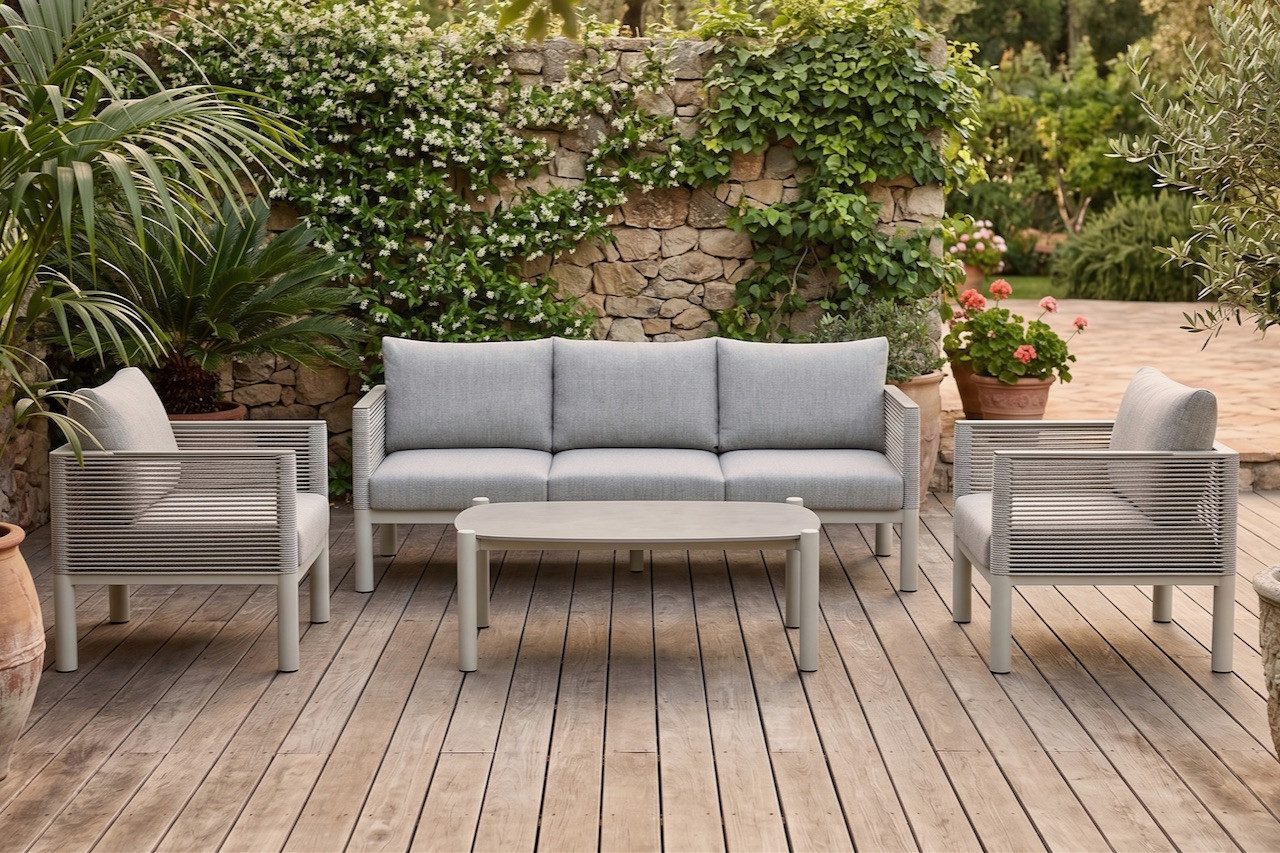 Bjorkka Gartenlounge-Set "GENEVA PREMIUM" Aluminium, Sofa + 2 Sessel + Tisch, Geflecht / Rope, Geflochten, Witterungsbeständig, bequemes Gartenmöbel-Set