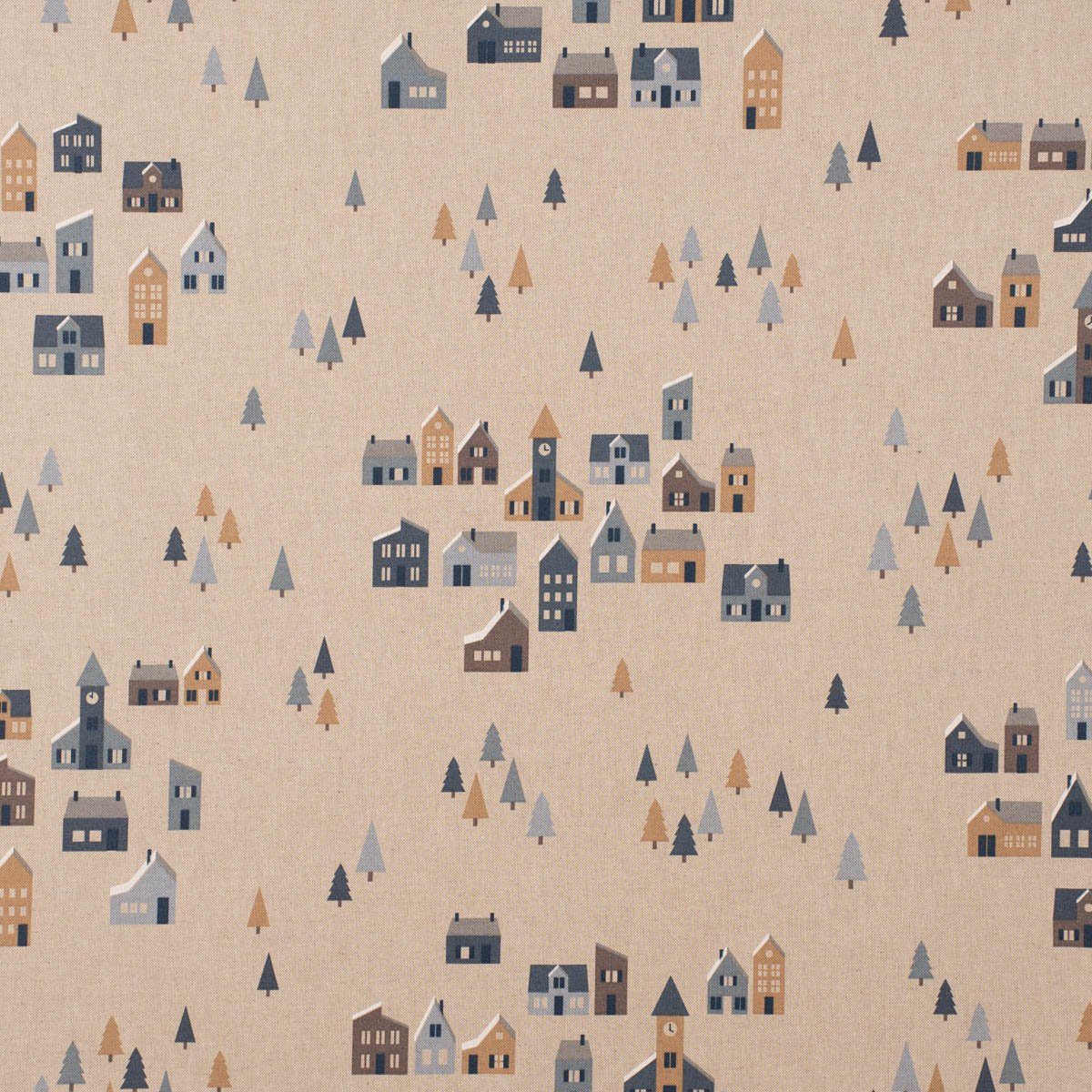 SCHÖNER LEBEN. Stoff Dekostoff Nordic Town Scandi Häuser Tannen natur blau 1,40m