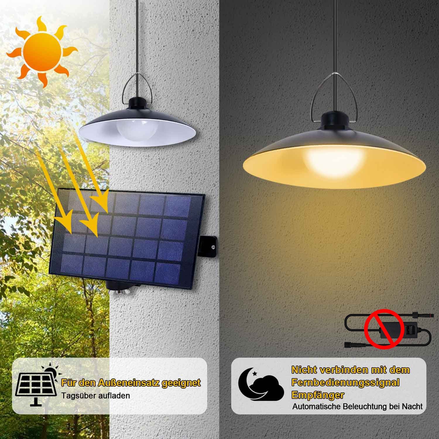 MUPOO LED Solarleuchte Solarlampen für Weiß Außen, 3000/6000K, mit für Pendelleuchten Balkon Lampe IP65Wasserdicht Solar Hängelampe Terrasse (3000K) IP65, Warmes Garten für Pavillon, Fernbedienung jede 260lm