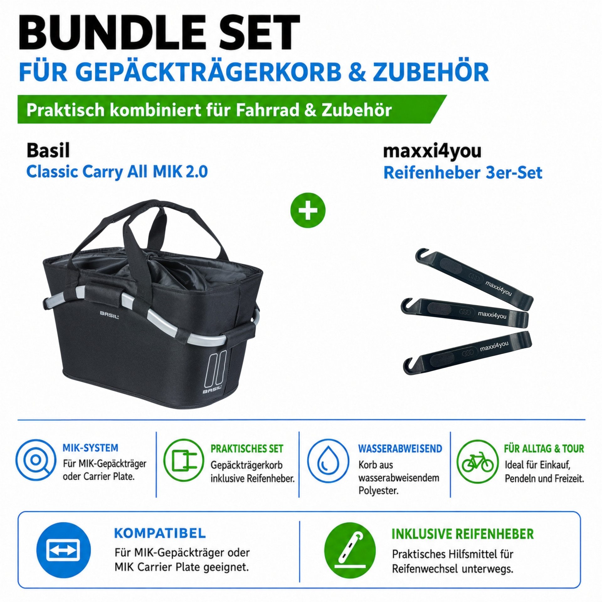 maxxi4you Fahrradkorb Basil Classic Carry All MIK 2.0 Fahrradkorb + Reifenheber-Set (Set, 4-tlg., 1 Fahrradkorb + 3 Reifenheber), abnehmbar, wasserabweisend, mit vormontierter MIK-Adapterplatte 2.0