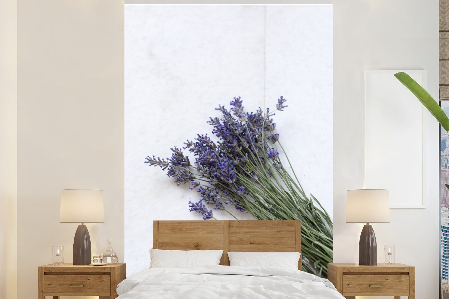 MuchoWow Fototapete Geernteter medizinischer Lavendel auf Marmor, Matt, bedruckt, (3 St), Montagefertig Vinyl Tapete für Wohnzimmer, Wandtapete