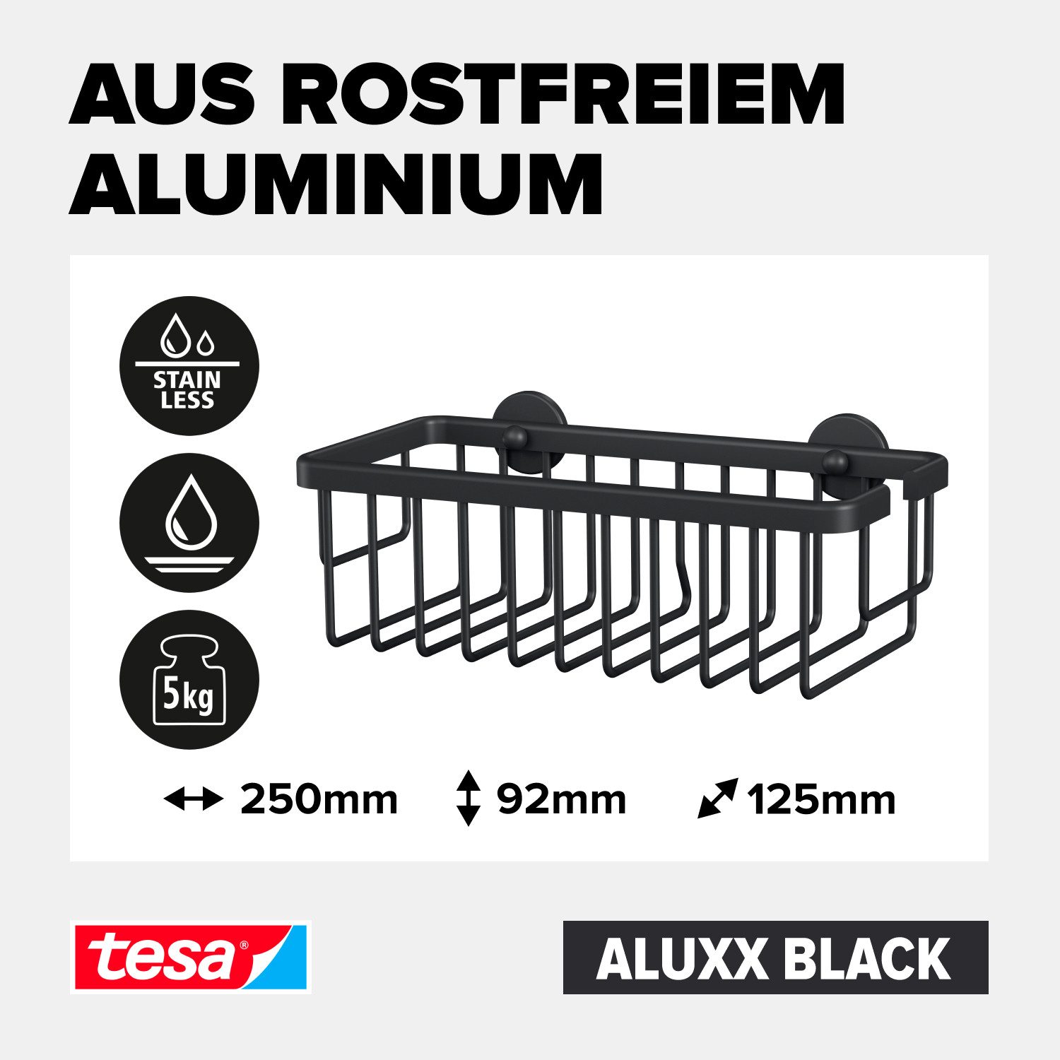tesa Duschablage ALUXX BLACK Duschablage, einstöckig und extra tief, Set 1-tlg., mit Klebelösung zur Wandmontage ohne Bohren