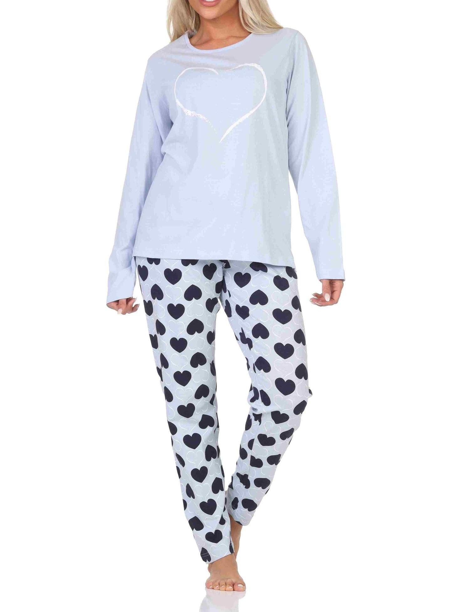 Pyjama Normann Damen Schlafanzug langarm Pyjama in Herz Tupfen Punkte Optik