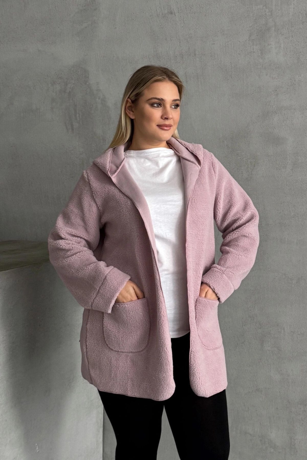 Stil Diva Jeansjacke Plüschjacke in Übergröße mit langen Ärmeln, Kapuze, offener Vorderseit