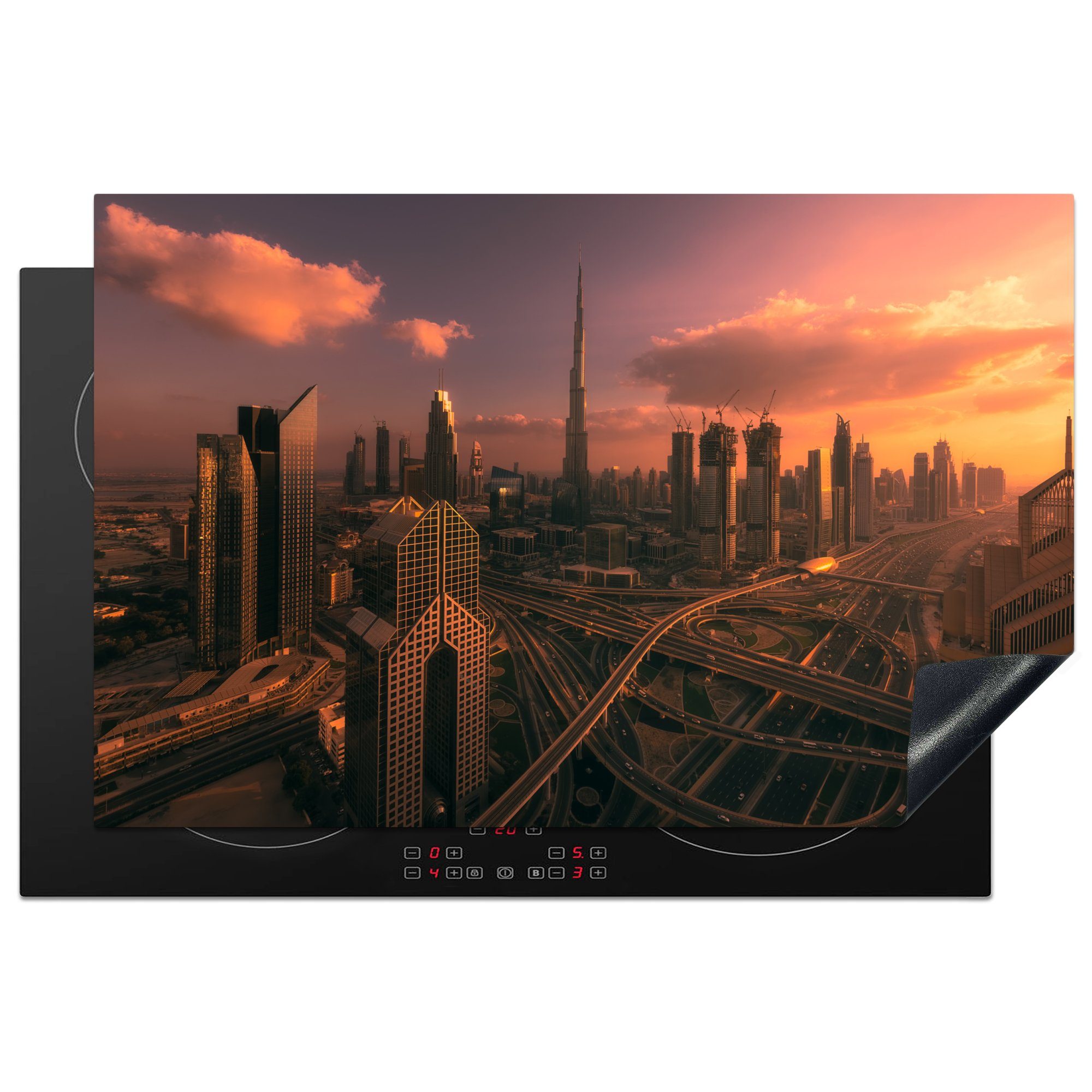 MuchoWow Herdblende-/Abdeckplatte Sonnenuntergang über Dubai, Vinyl, (1 tlg), 81x52 cm, Induktionskochfeld Schutz für die küche, Ceranfeldabdeckung