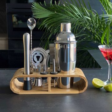 Intirilife Cocktail Shaker, Edelstahl, 12-teiliges Edelstahl Cocktail-Shaker Set mit Bambus-Ständer