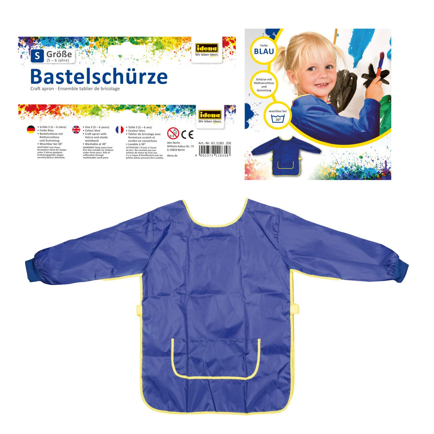 Malschürze Idena 611183 - Bastelschürze für Kinder von 5 bis 6 Jahren mit langen