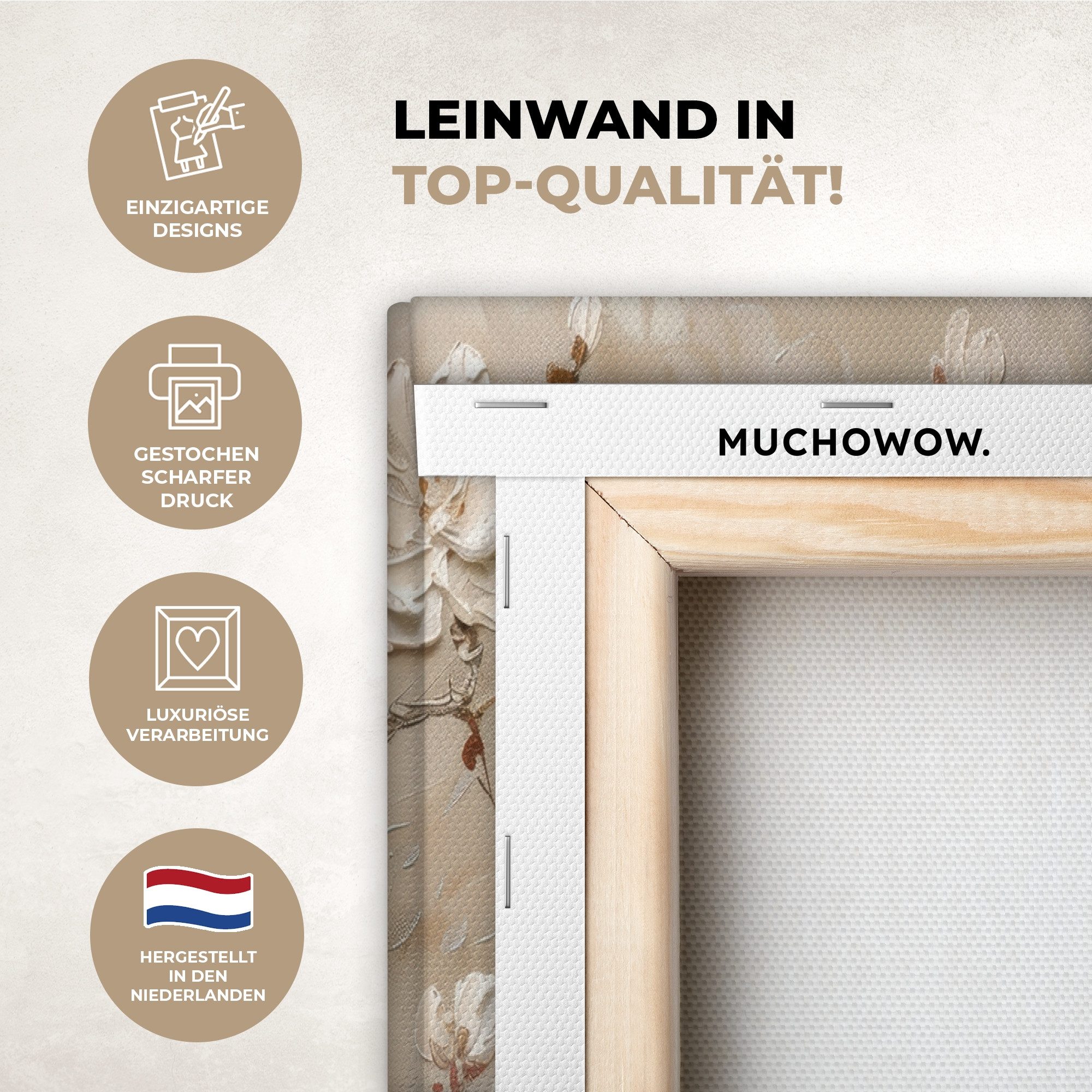 MuchoWow Leinwandbild Beige - Blüte - Modern, Fotodruck (2 St), Wand Bilder 2 Set, Deko Schlafzimmer Wohnzimmer Flur 60x40 cm – Bild 3 von 5