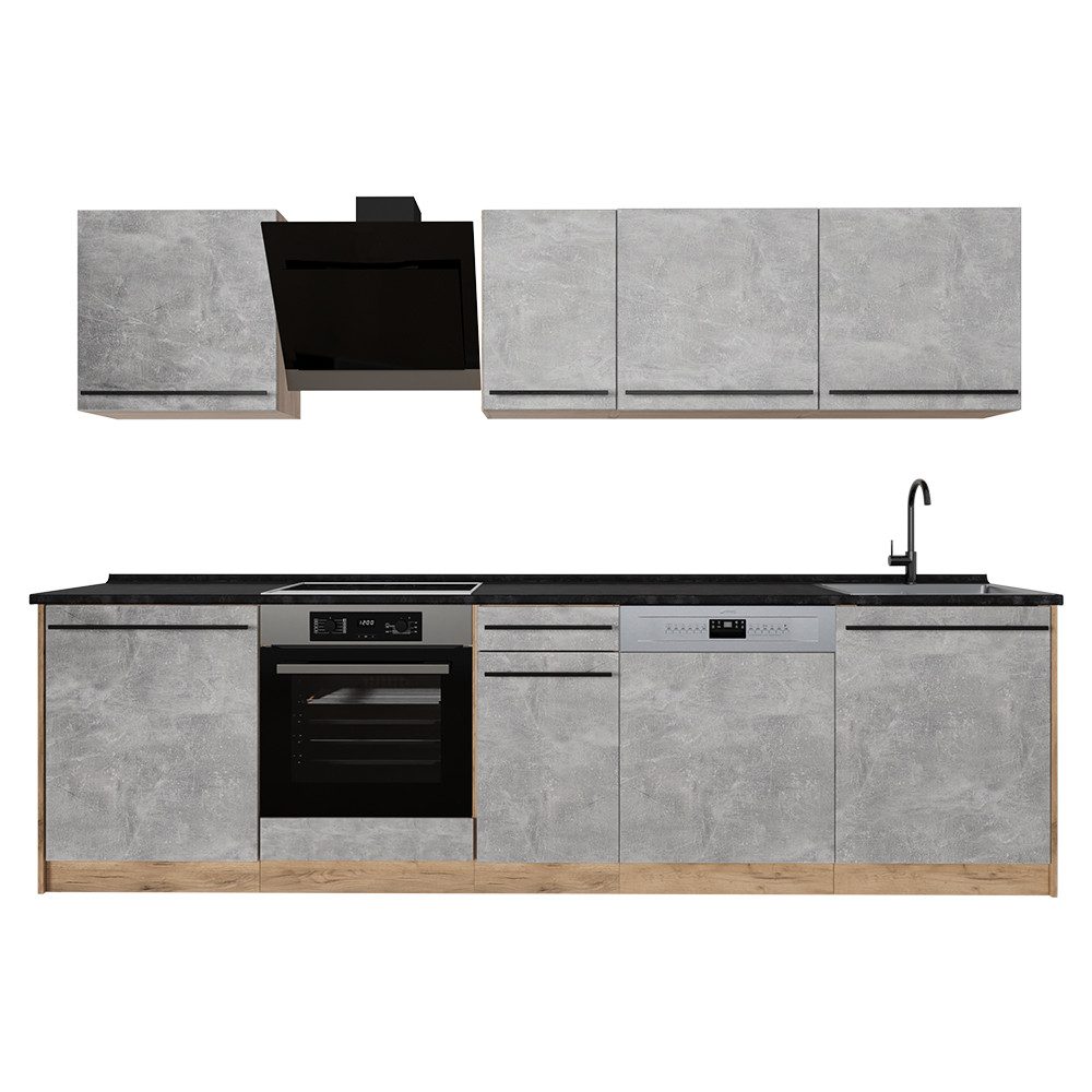 Vicco Küchenzeile R-Line, Beton/Goldkraft Eiche, 280 cm ohne Arbeitsplatte