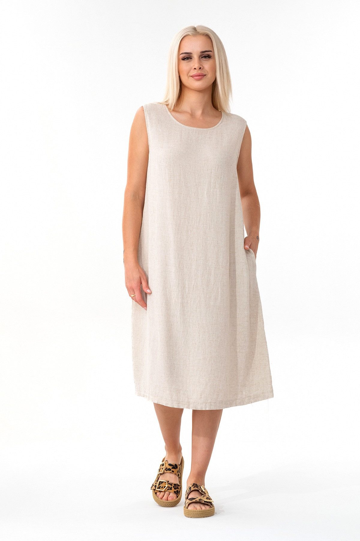 WENOR Sommerkleid aus Leinenmix mit Taschen, Strandkleid ärmellos, locker geschnitten (1-tlg) Ideal für warme Tage, pflegeleicht, mit Eingrifftaschen