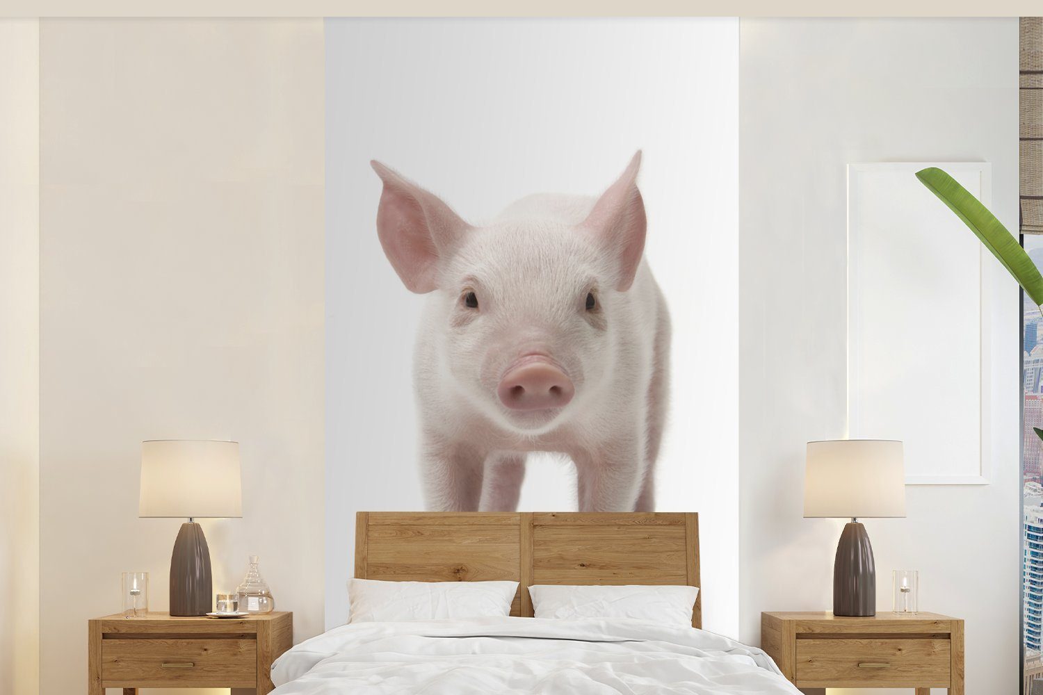 MuchoWow Fototapete Schwein - Tiere - Weiß, Matt, bedruckt, (2 St), Vliestapete für Wohnzimmer Schlafzimmer Küche, Fototapete