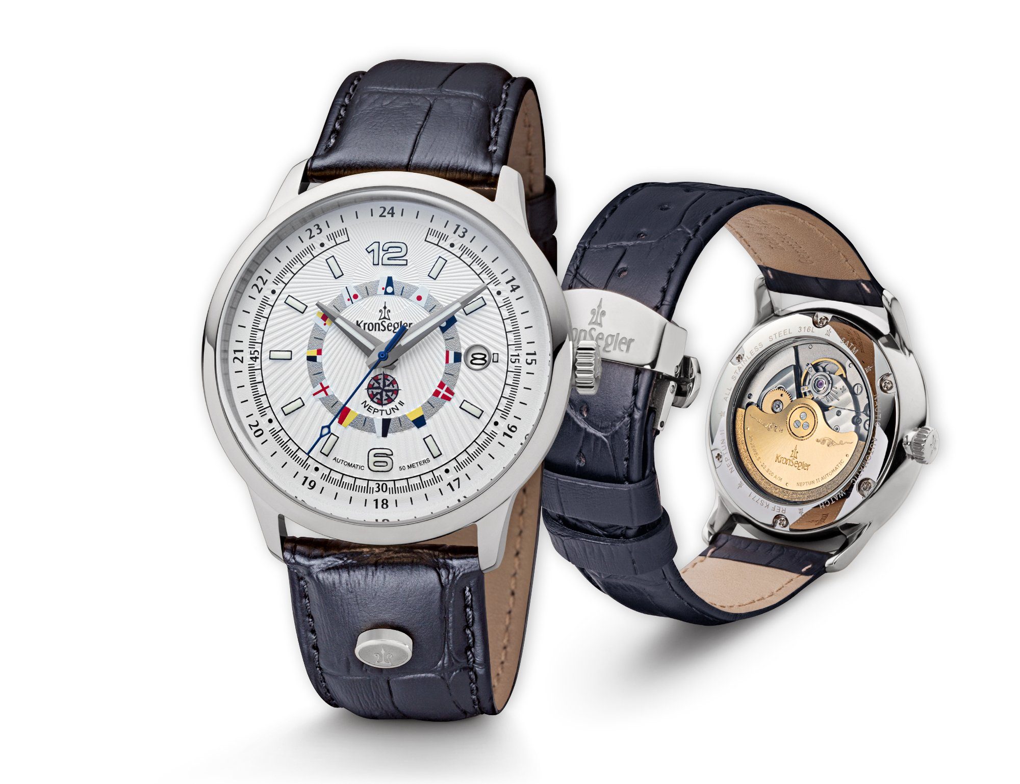 Kronsegler Automatikuhr Neptun II Herren Armbanduhr mit Lederband, mit nautischen Flaggen und 30-lagiger Superluminova