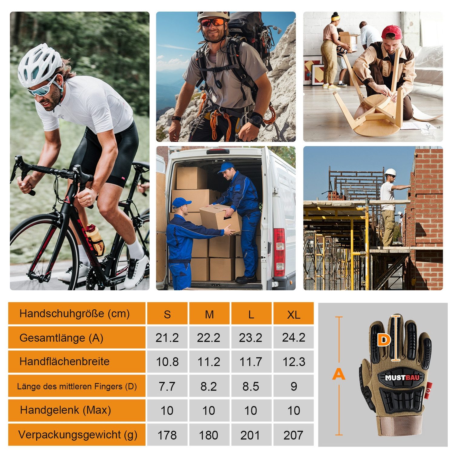 Mustbau Arbeitshandschuhe Sicherheitshandschuhe Mechanikerhandschuhe, Schlaghandschuhe