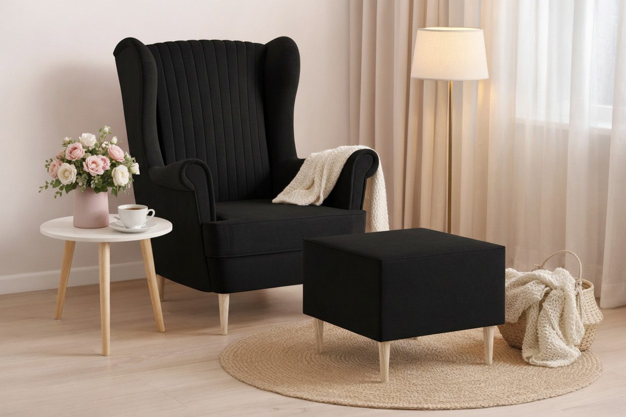 MOEBLO Ohrensessel COMFY SESSEL mit oder ohne Hocker (Samtstoff, optional mit Hocker, gepolstert, Loungesessel im modernen Design), Sessel mit optionalem Hocker