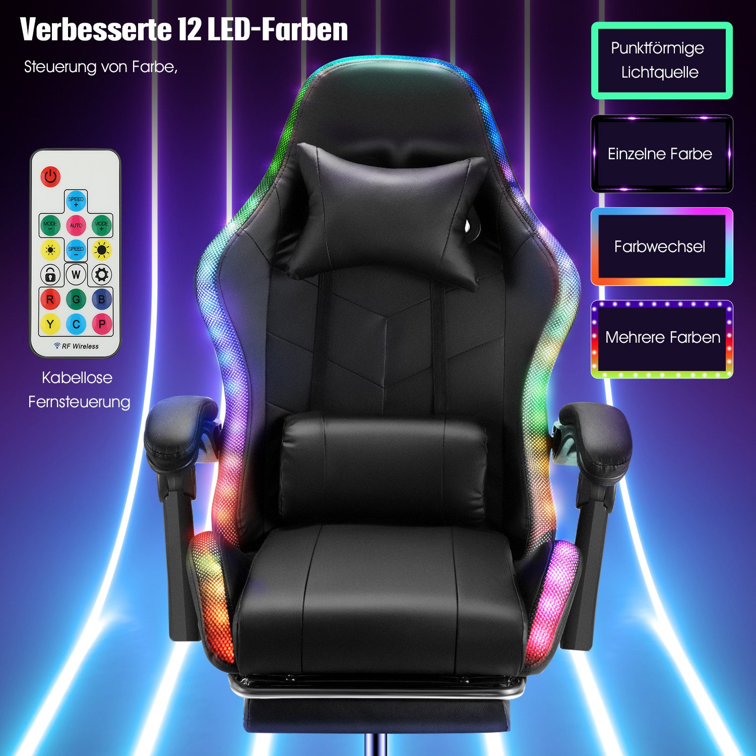 oyajia Gaming-Stuhl Gaming Chair LED, RGB Computerstuhl mit Fußstütze und Lendenkissen, Racing Gamer Stuhl Ergonomisch,mit Verstellbare Kopfstütze,Bürostuhl – Bild 4 von 5