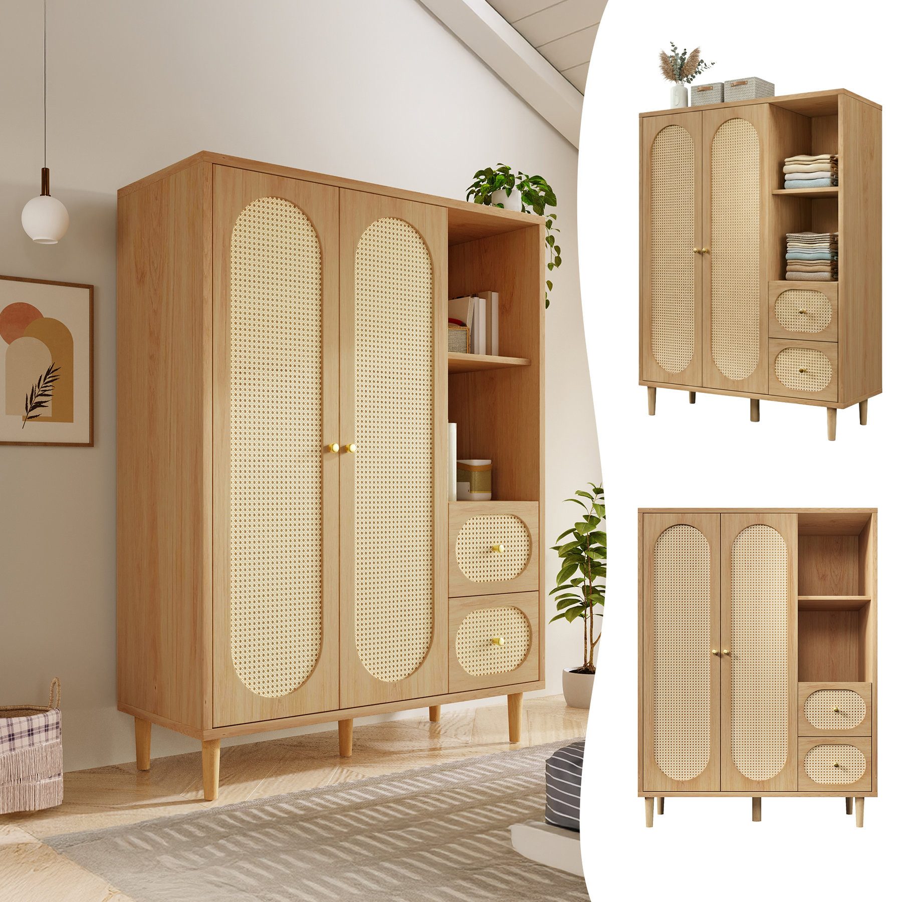 Odikalo Kleiderschrank Kleiderständer mit Regal Stauraum und Schubladen (Landhausstil Eiche 161x120x44 Holz 2 Türen 2 Schubladen offene Regale mit Kleiderstange ideal für Schlafzimmer und Flur einfache Montage zeitloser Design)