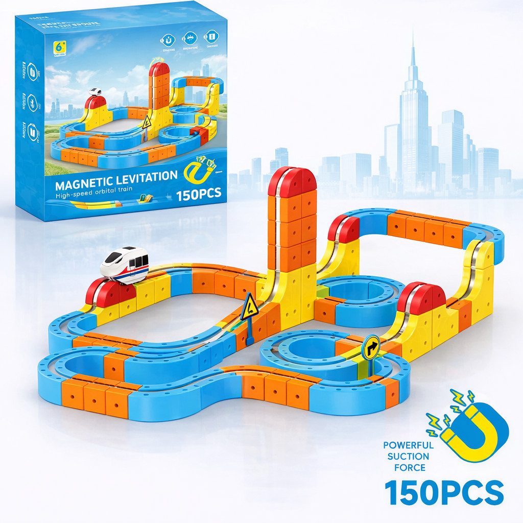 Goldstern-Tech Spielzeugeisenbahn-Set Magnetische Zugbahn Baukasten, (150-tlg., Wählbar als 56, 80 oder 150 Teile Rennbahn Set), Magnetische 3D Zugstrecke – flexibel & motorisiert