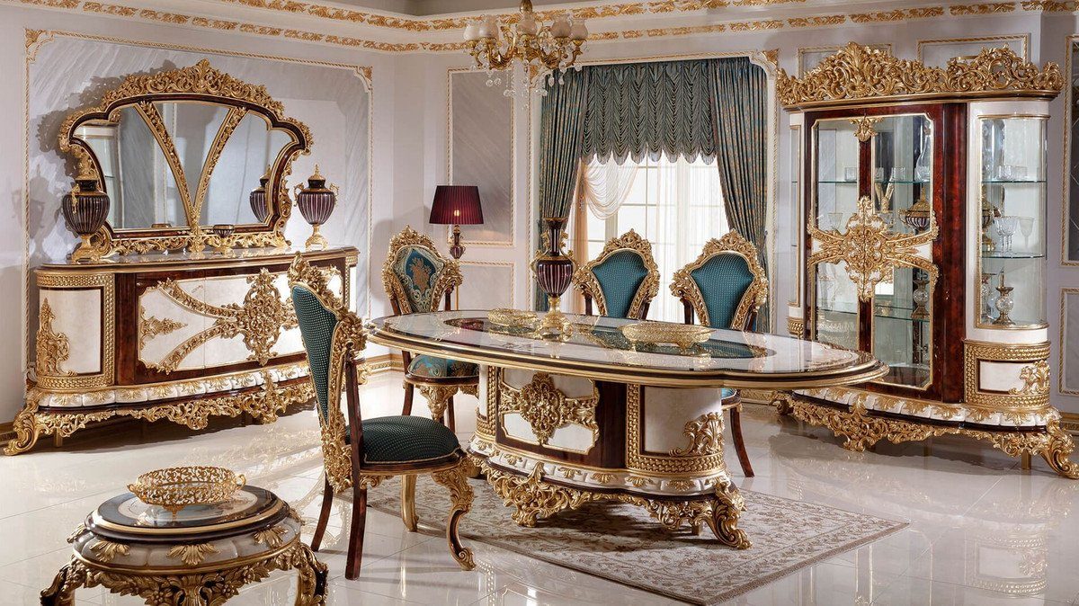 Casa Padrino Esszimmer-Set Luxus Barock - Esszimmer Weiß / Esszimmer / - Set Blau Braun Edel Esszimmerstühle / & Prunkvoll Barock Barock 6 & Esstisch 1 Möbel Gold - Barock