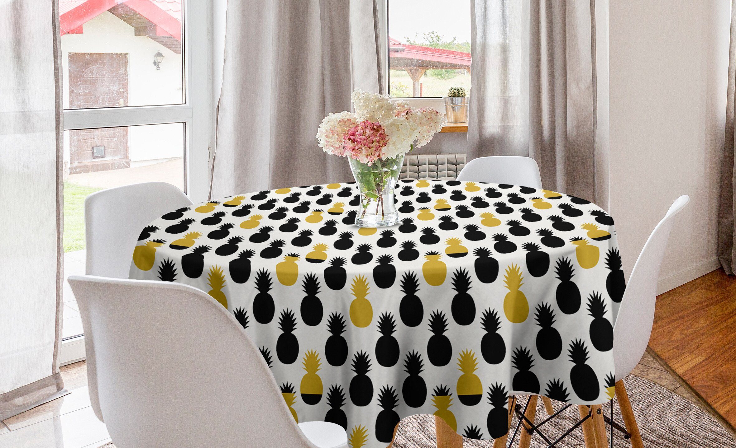 Abakuhaus Tischdecke Kreis Tischdecke Abdeckung für Esszimmer Küche Dekoration, Gelb und Schwarz Exotisches Essen