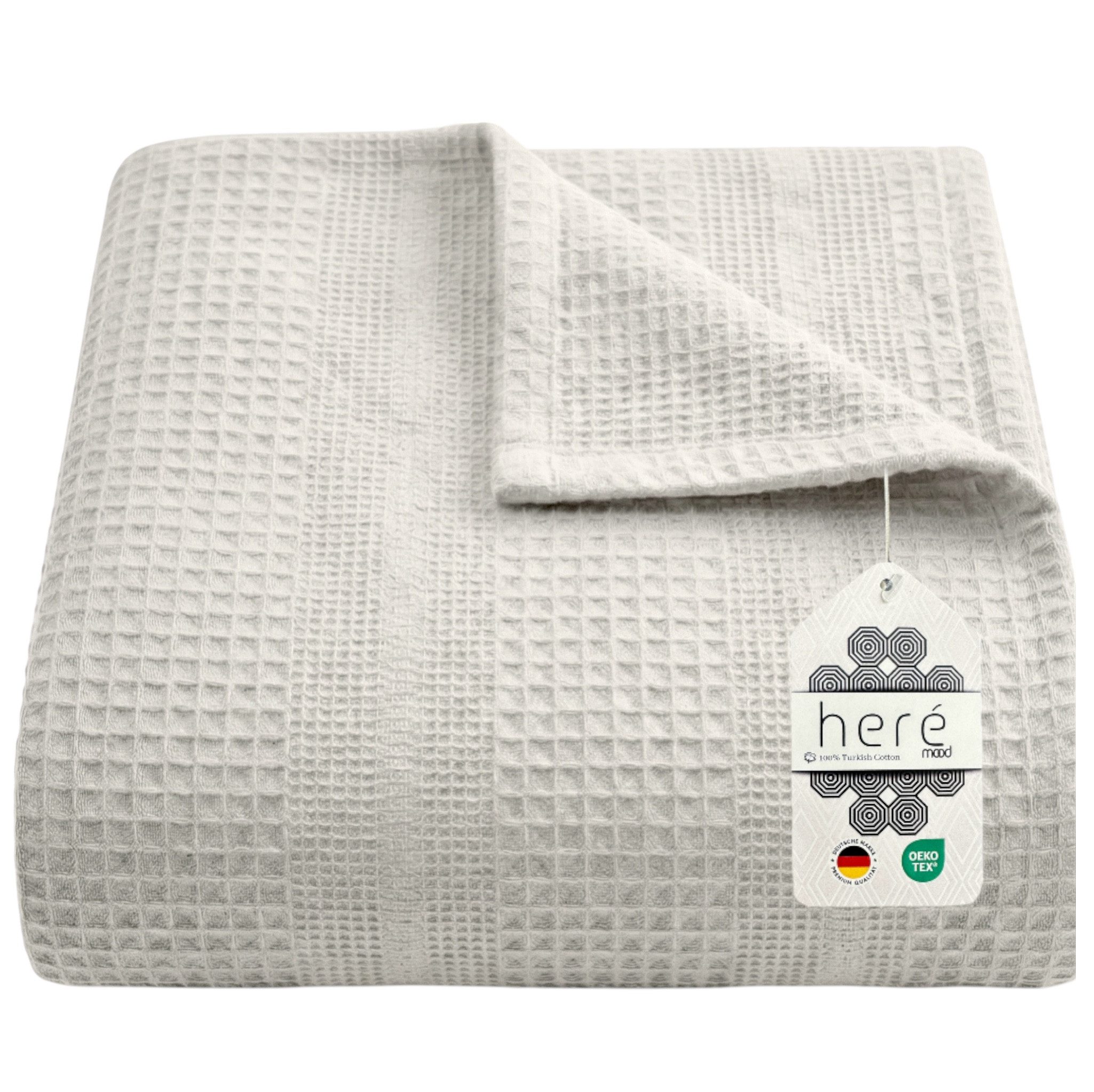 herémood Tagesdecke aus 100% Baumwolle – Elegante Waffelpique Wohndecke 180x220 cm, weiche, Kuscheldecke für Sofa & Bett, atmungsaktiv & pflegeleicht – BEIGE
