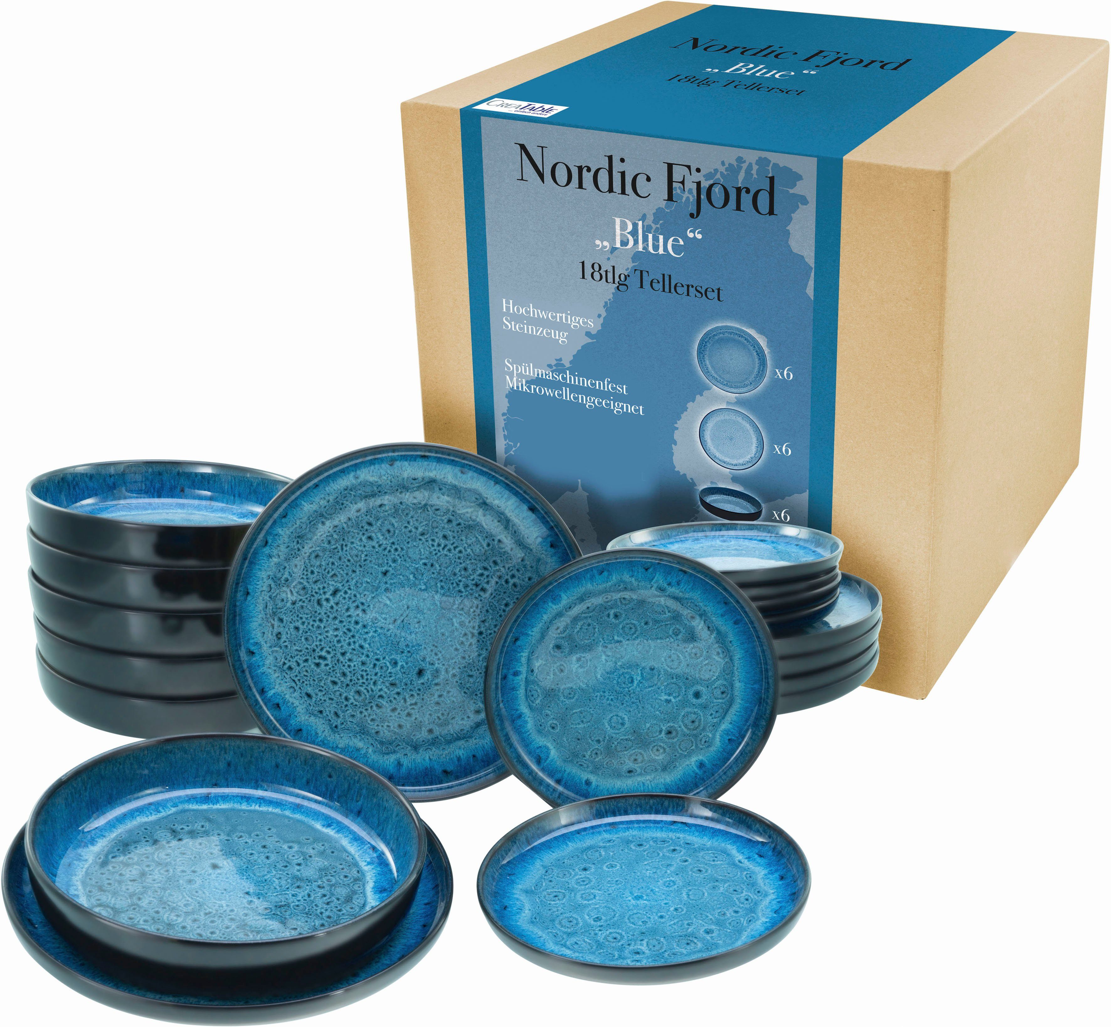 CreaTable Teller-Set Nordic Fjord (18-tlg), 6 Personen, Steinzeug, je 6 Speiseteller 26 cm, Suppenteller 22,5 cm, Dessertteller 19,5 cm | Teller-Sets