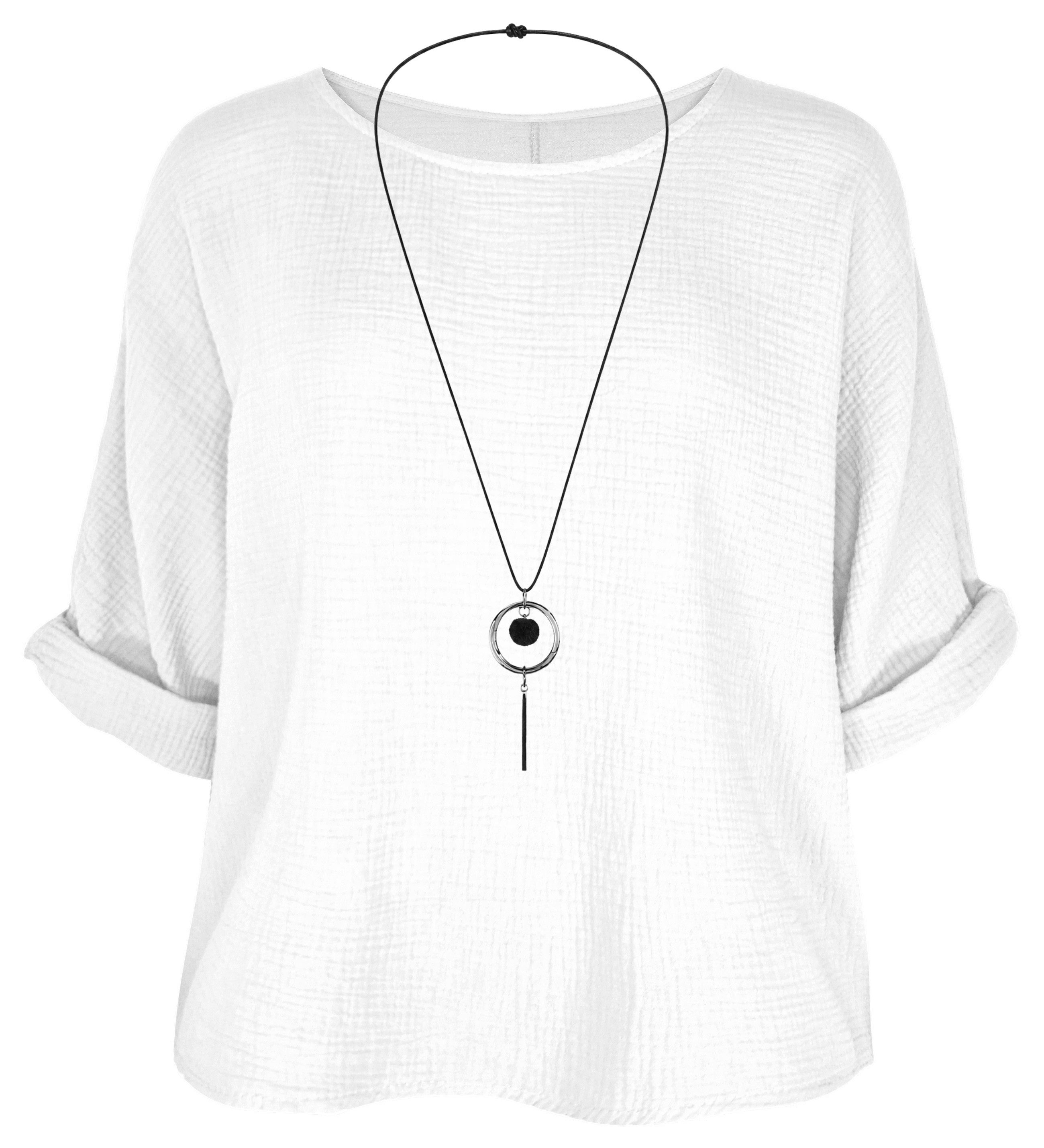 dy_mode Crinklebluse Damen Musselin Bluse Oversize Bluse Blusenshirt Oberteil Baumwolle in Unifarbe, mit passende Kette
