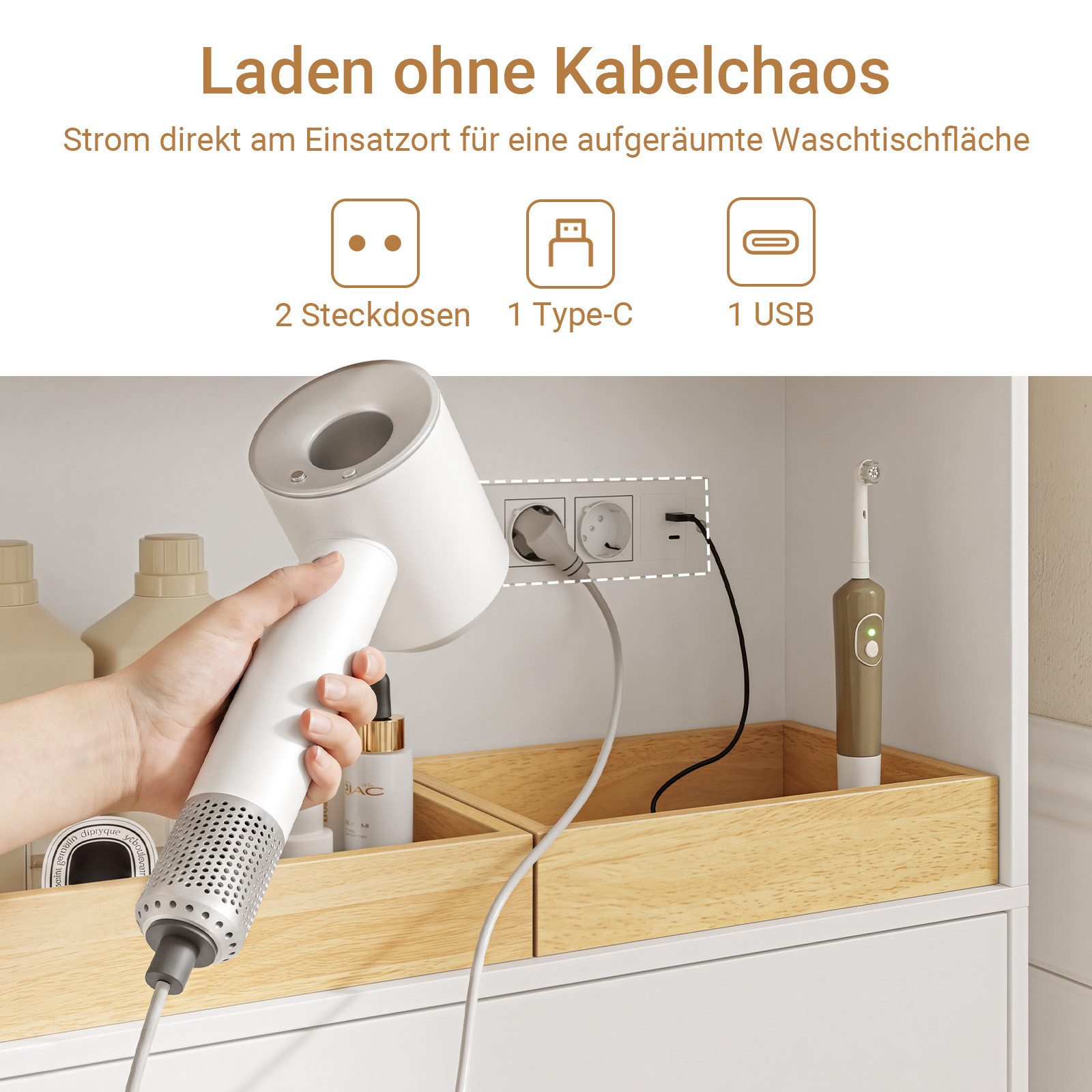 SoBuy Hochschrank BZR241-E, Badezimmerschrank schmal, mit LED Sensorleuchte & Steckdose (1er Set) Badkommode Badschrank, mit Türen, Schubladen & Ausziehbarer Wä – Bild 5 von 5