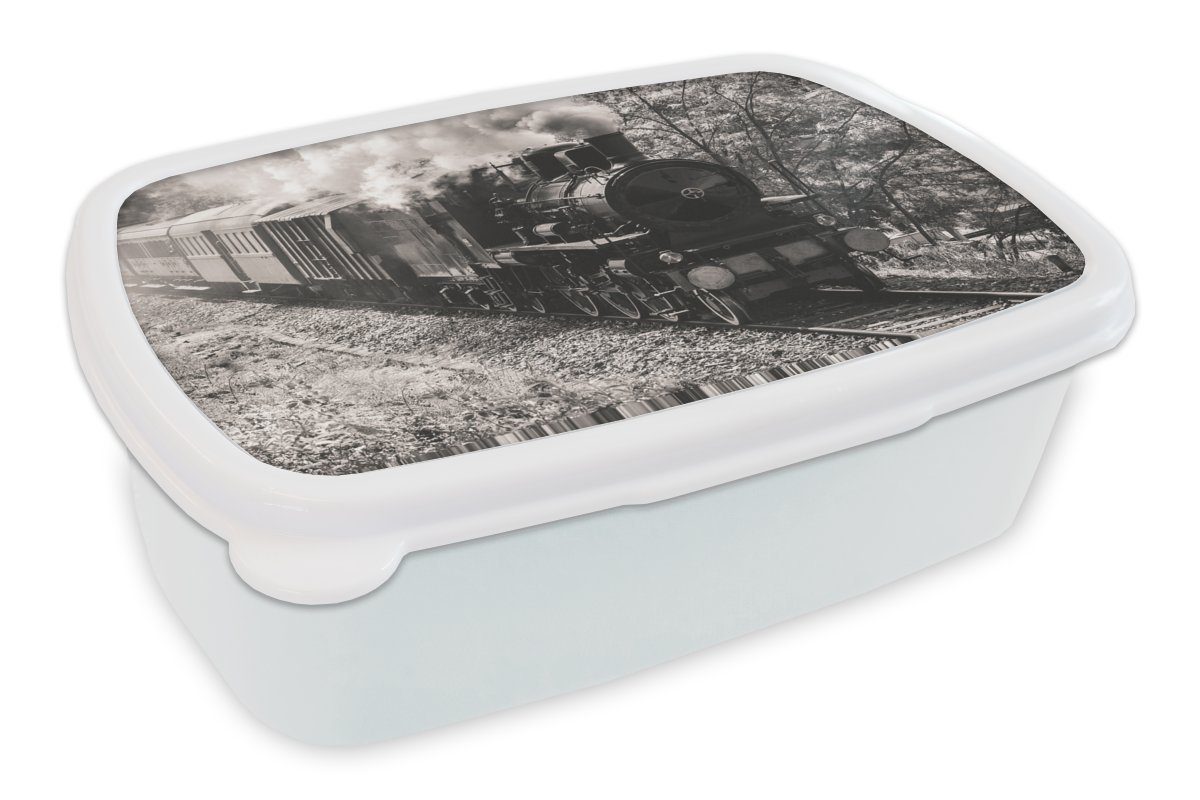 MuchoWow Lunchbox Schwarz-Weiß-Foto einer Dampflokomotive inmitten der Wiesen, Kunststoff, (2-tlg), Brotbox für Kinder und Erwachsene, Brotdose, für Jungs und Mädchen