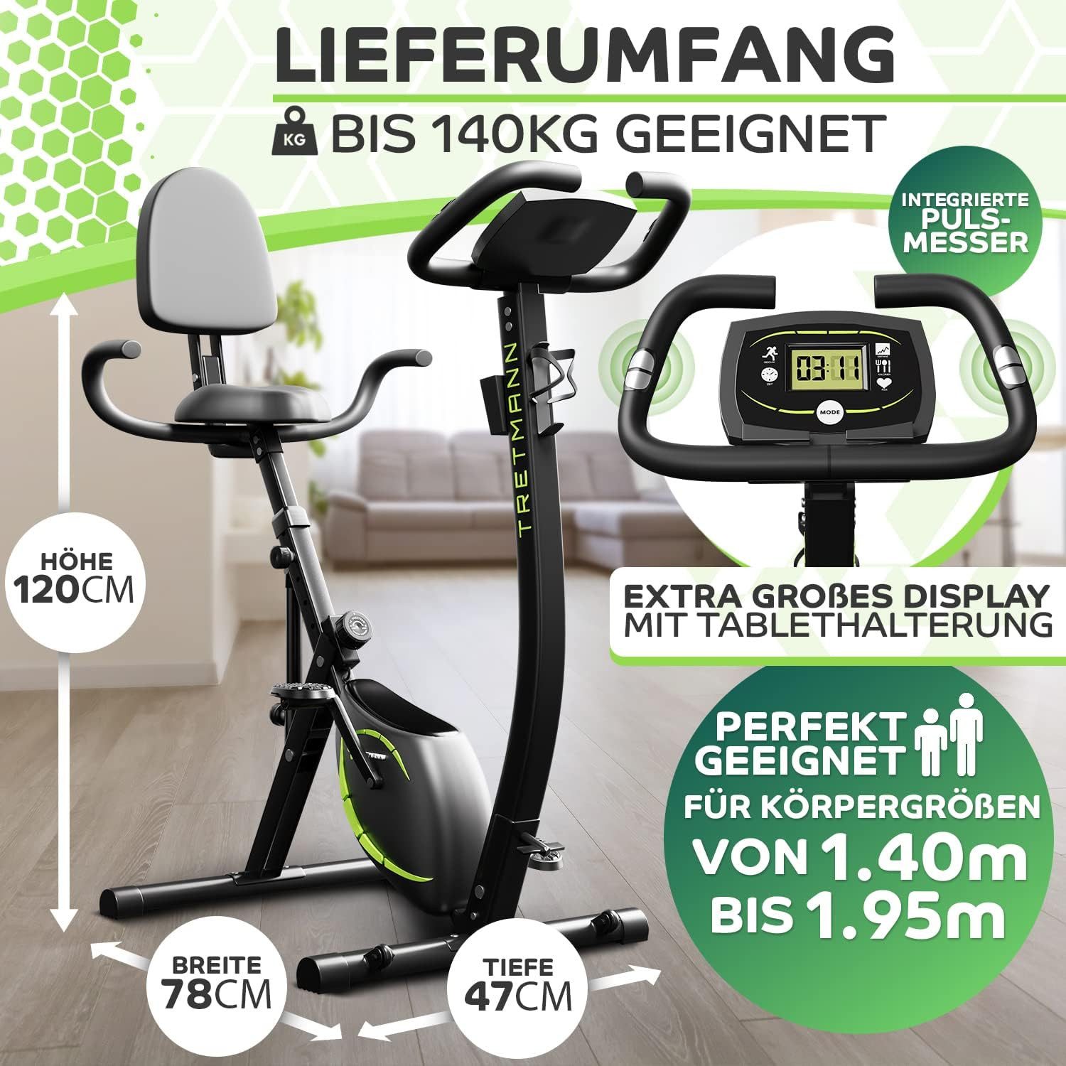 Tretmann Heimtrainer - 3in1 Heimtrainer Fahrrad klappbar -extra leise & komfortabel (1-tlg), DEKRA geprüft - mit tiefem Einstieg Hometrainer Fahrrad