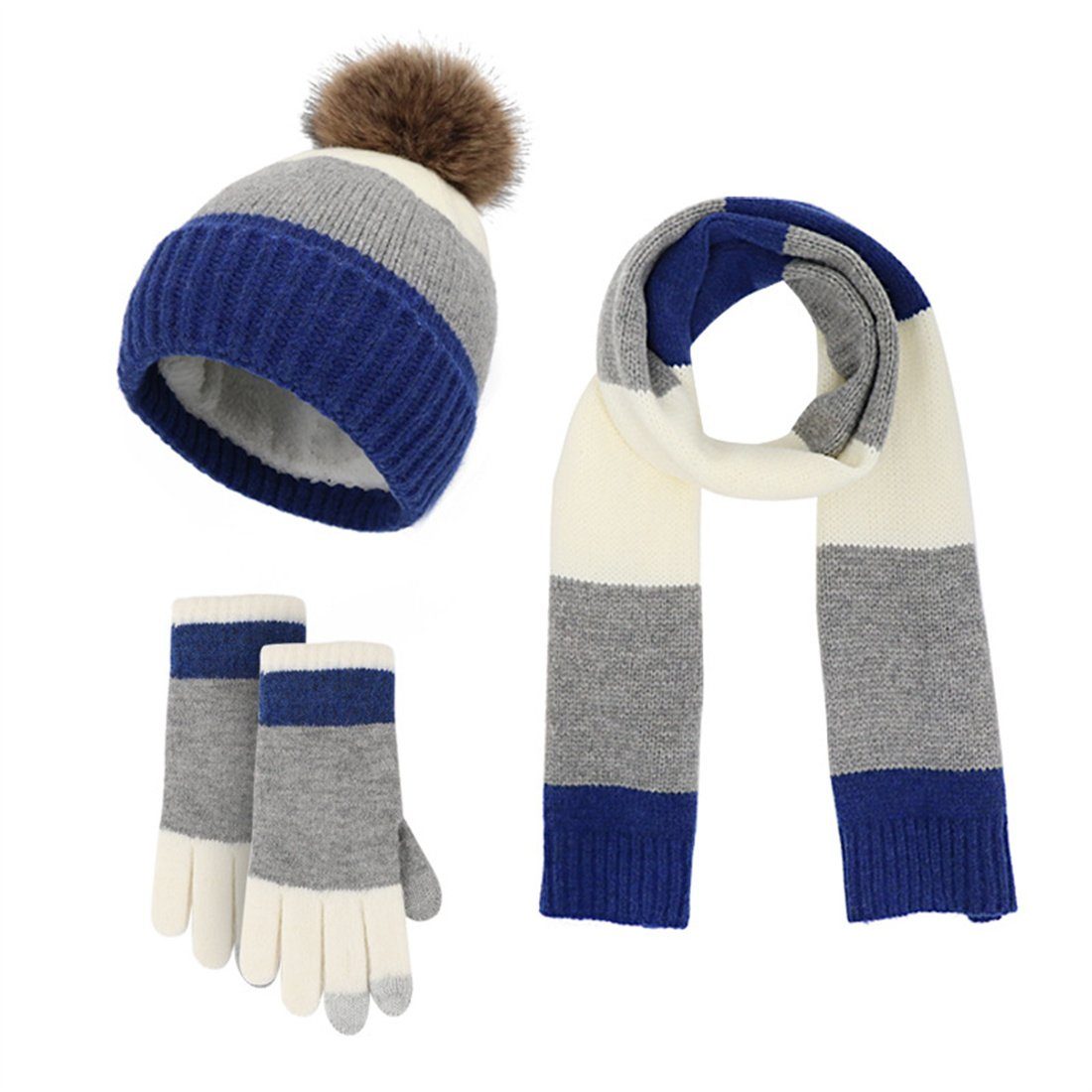 Wollmütze, Winter Blau Modische Warme Handschuhe 3er Weiß Set Mütze Strickmütze DÖRÖY Schal + Bunte