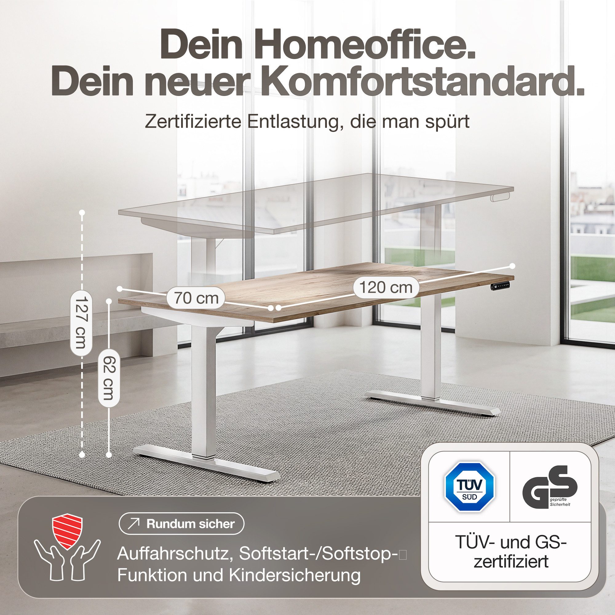 ASSMANN Büromöbel Schreibtisch Y-LINE (120x70cm Schwarz Weiß Kollisions-Schutz, Elektrisch höhenverstellbar, Kindersicherung 2-fach-Motorik Doppelhub, einfache Montage, für Büro und Homeoffice), TÜV-zertifiziert, Blauer Engel, 5 Jahre Herstellergarantie