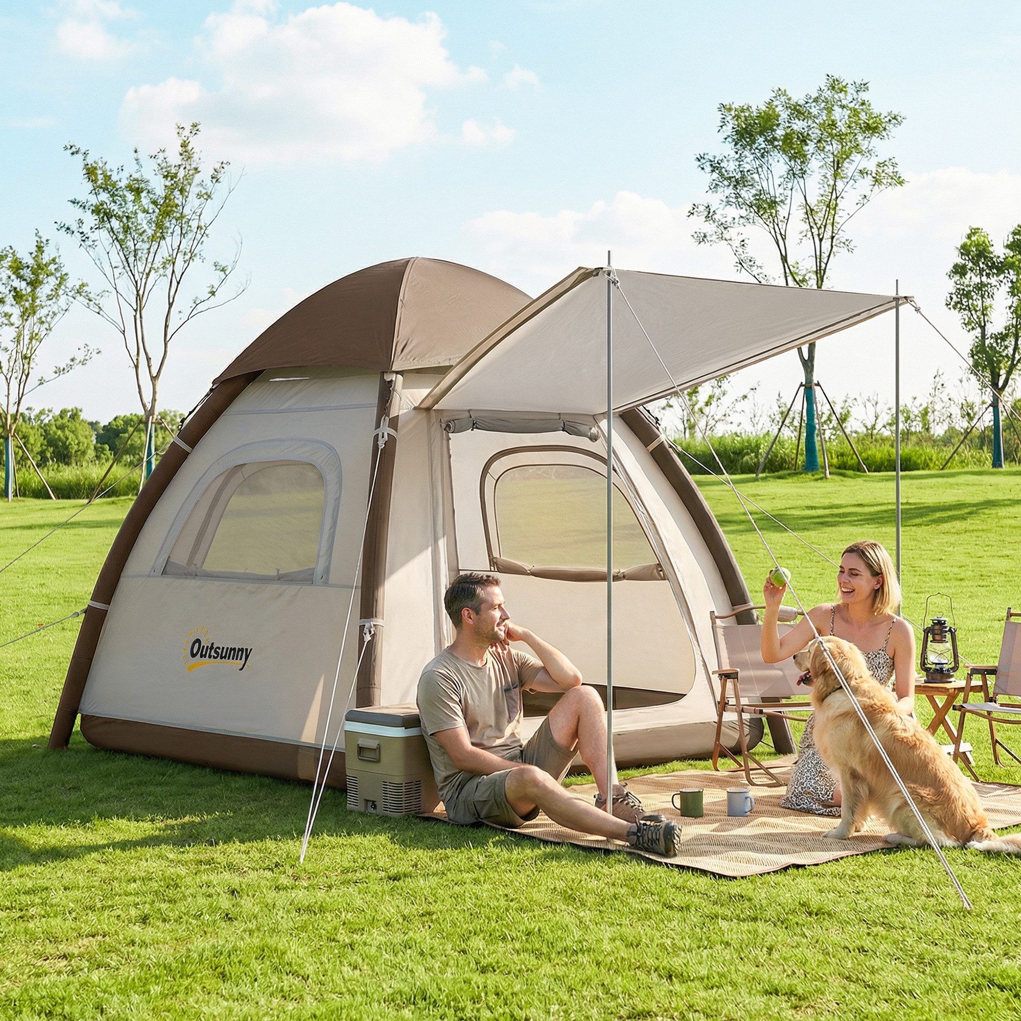 Outsunny aufblasbares Zelt mit Luftpumpe, Meshfenster, abnehmbar Dach, Stehhöhe, Personen: 3 (Camping Zelt, 1 tlg., Air Glamping Zelte), Cremeweiß