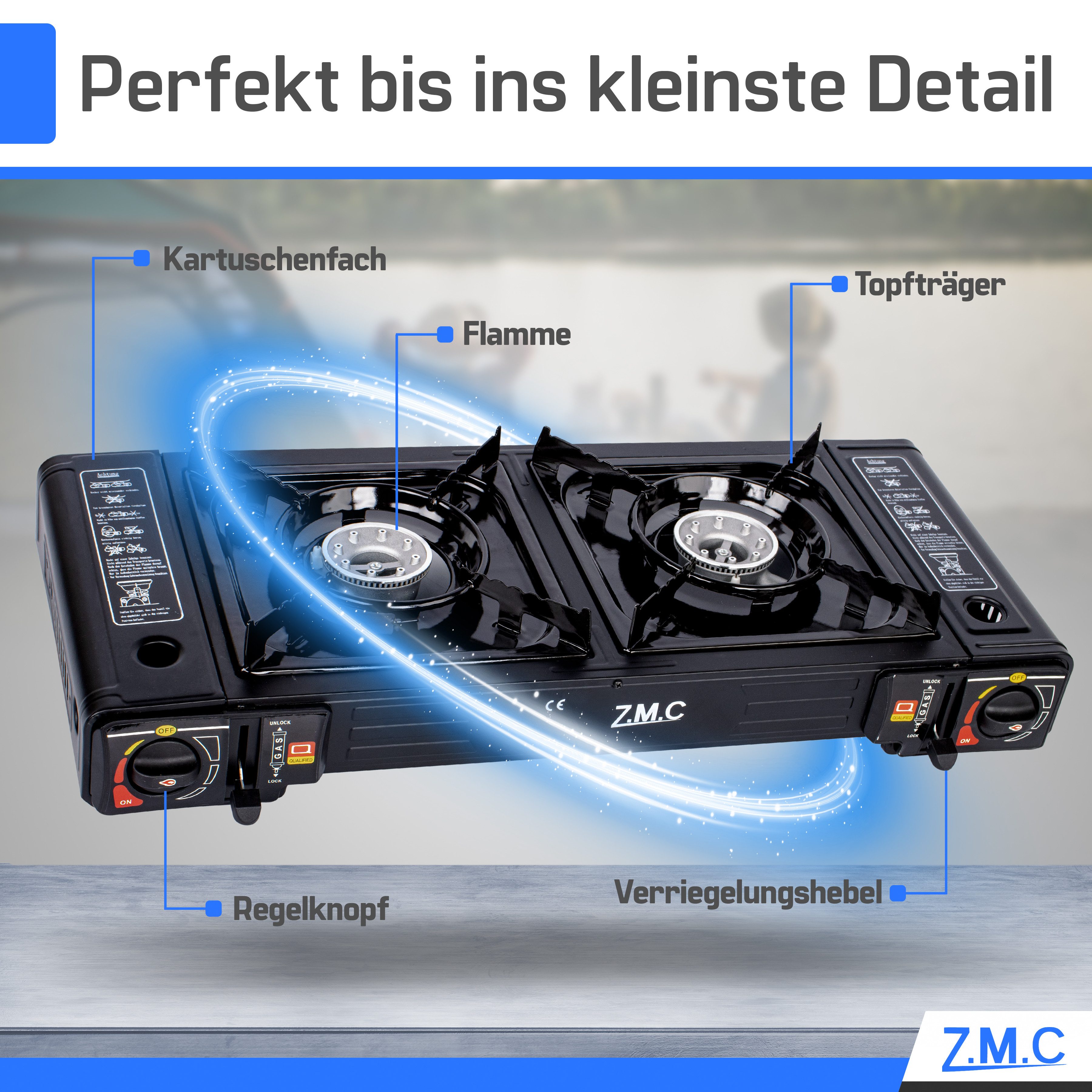 ZMC Gaskocher Doppel Kartuschenkocher 2 flammig Geeignet für Camping Outdoor,Wandern, (automatische Piezo-Zündung Wärmeleistung: 2,3KW, Automatische Piezo-Zündung, Piezo-Zündung), Gaskocher Campingkocher Herd Gasherd Ofen Butan Gas Kochfeld Indoor