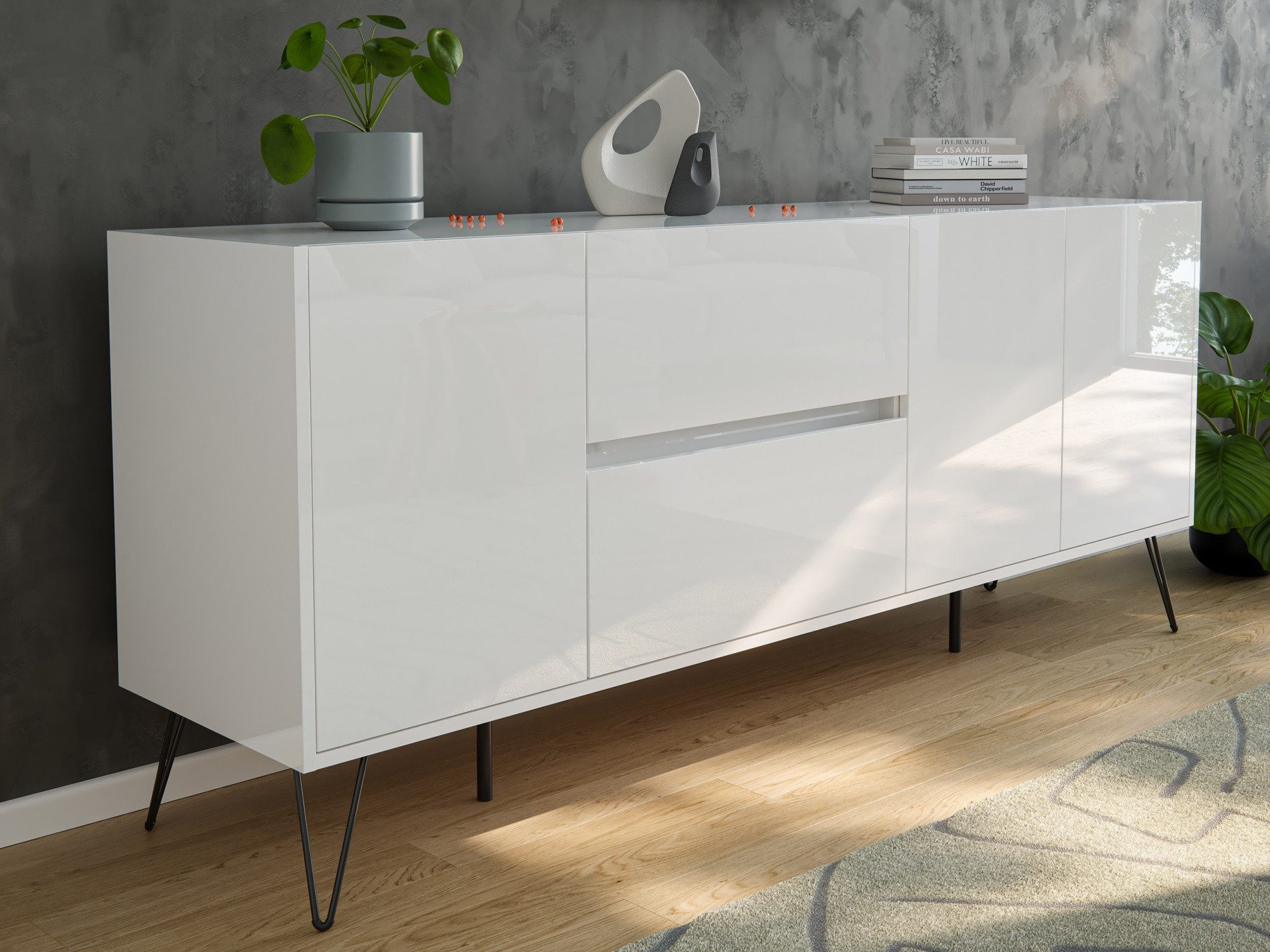 Kommode Sideboard Yako 180cm 2 SoftClose 3 Türen Weiß hochglanz