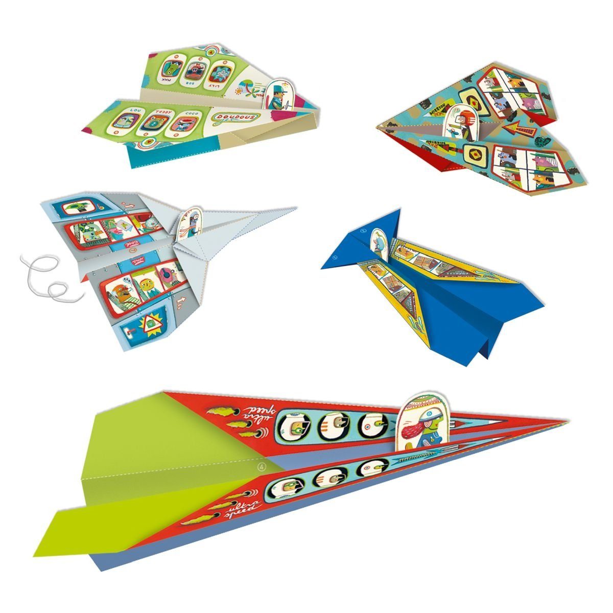 DJECO Kreativset Origami Papier Flugzeuge 20 bunte Fliegervorlagen Papierflieger