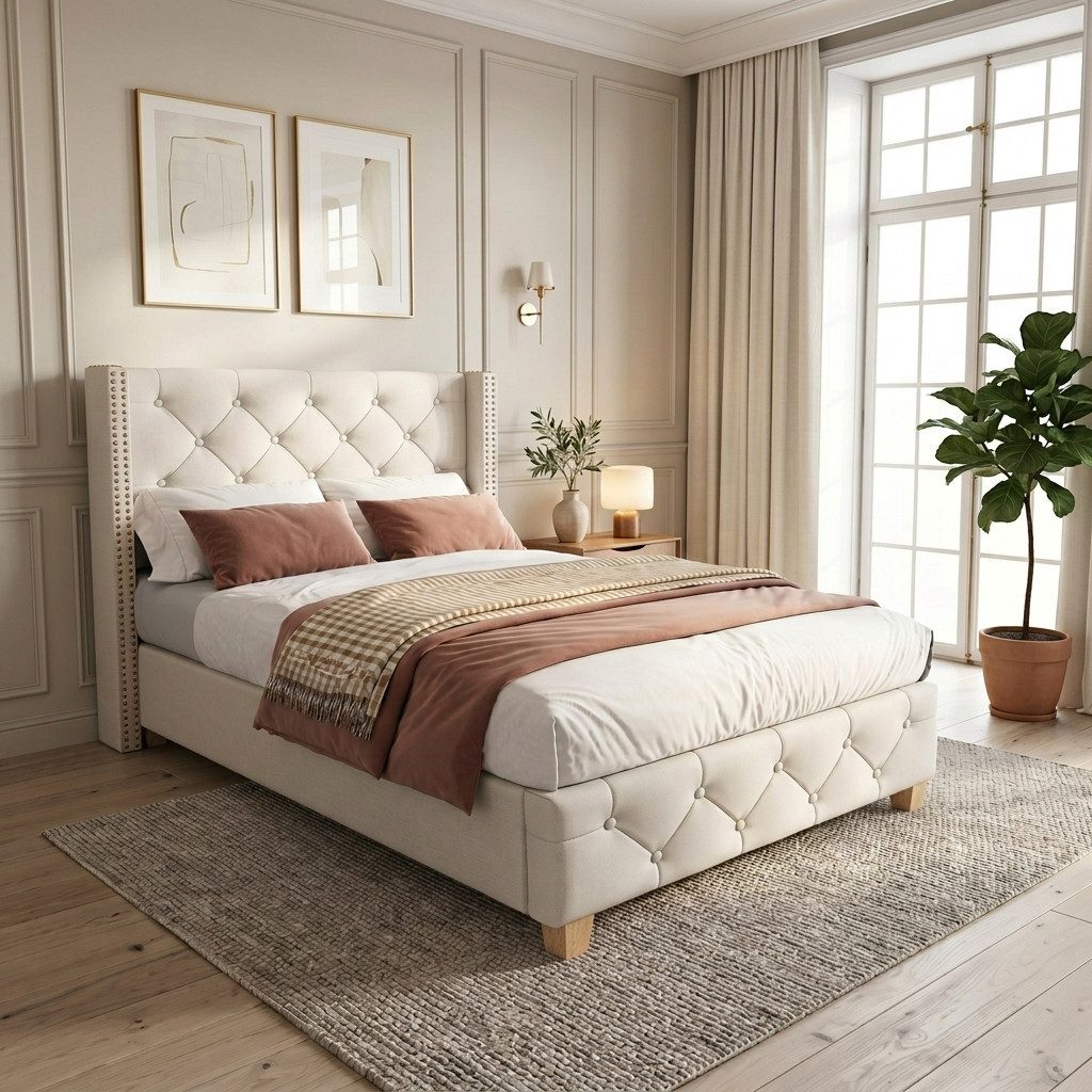 Celya Polsterbett 90 × 200cm mit Lattenrost und Kopfteil (ohne Matratze, Knopfpolsterung, Nietenpolsterung, Holzbeine, Leinen)