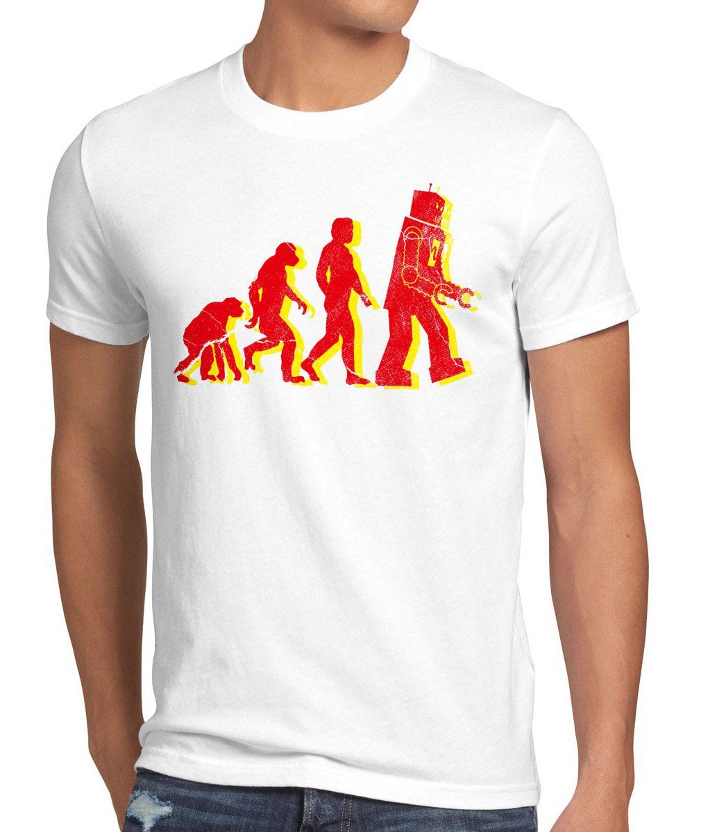 style3 Print-Shirt Herren T-Shirt Evolution big bang roboter sheldon theory cooper darwin neu robot weiß