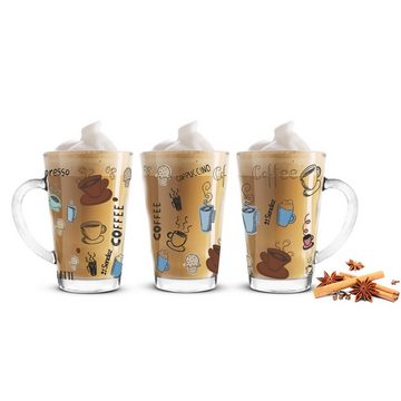 Sendez Latte-Macchiato-Glas 6 Latte Macchiato Gläser 300ml Kaffeegläser Teeglas mit buntem Kaffee-Aufdruck, Glas